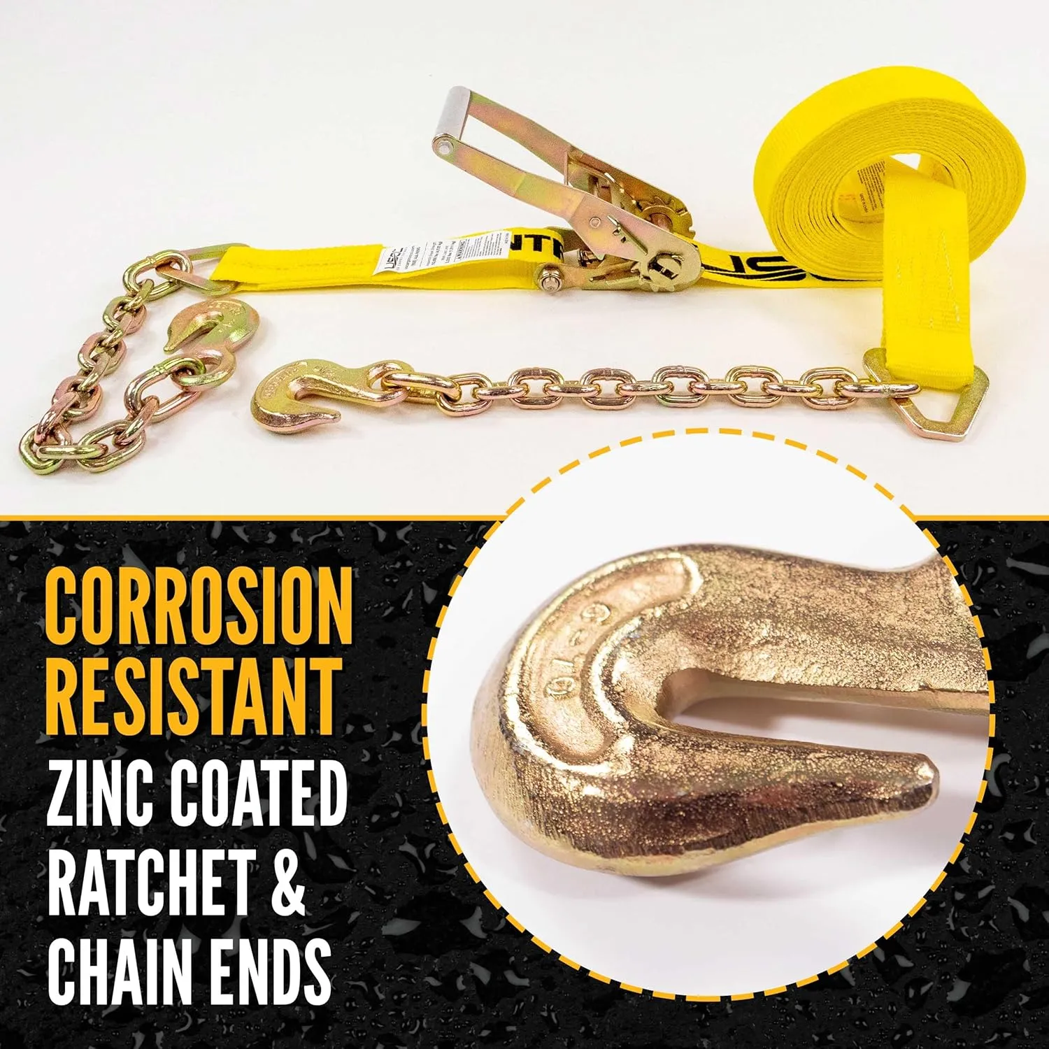 US Cargo Control Chain Ratchet Straps 2 Inch x 27 Foot (2-Pack), 10,000 LBS Break Strength, Heavy Duty Ratchet Straps with Chains Ends & Grab Hooks, Heavy Equipment Tie-Downs, Tractor Tie Downs