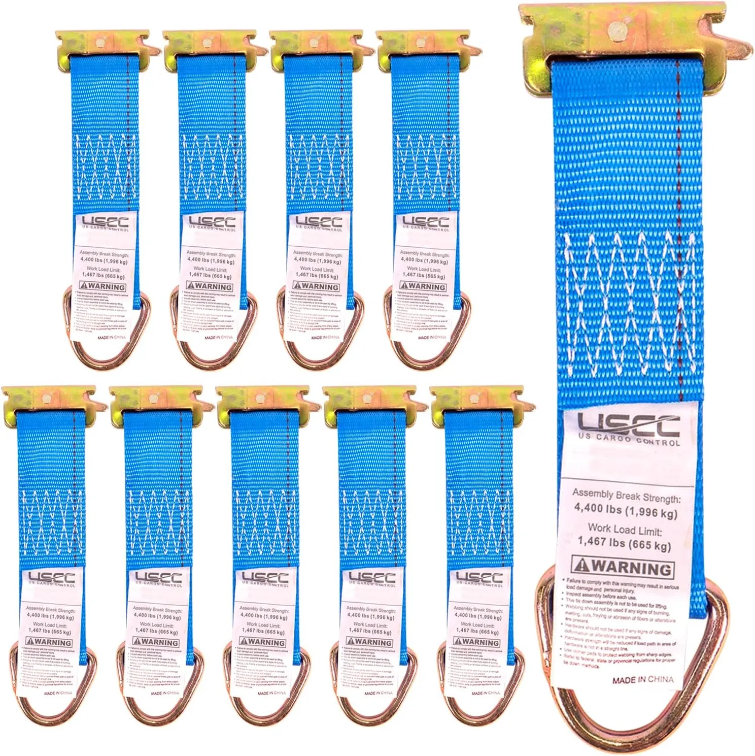 US Cargo Control E-Track Rope Tie-Offs, 2 Inch x 6.5 Inch Cargo Tie-Downs (10-Pack) with D Ring and Spring E Track Fitting for Securing Cargo, 1,467 Pounds Working Load Limit - Blue