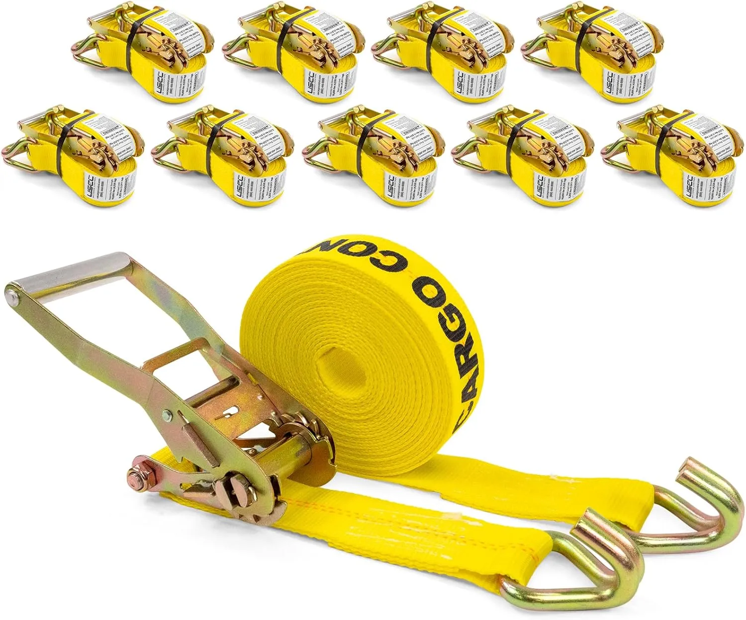 US Cargo Control Wire Hook Ratchet Straps 2 Inch x 30 Foot (10-Pack), 10,000 LBS Break Strength, Ratchet Straps Heavy Duty with Double J Hooks, Cargo Tie Downs for Flatbed Trailers and Trucks