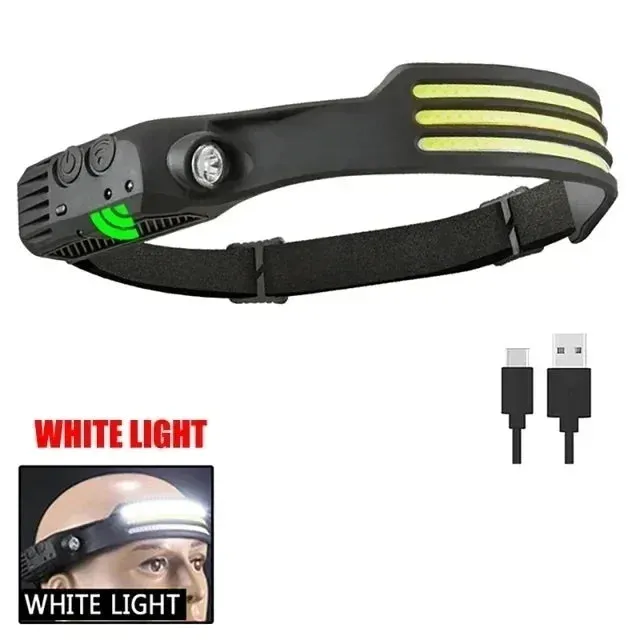 USB Rechargeable IR Sensor Headlamp, 10 Modes, Waterproof Headlight - White/Yellow/Red Light