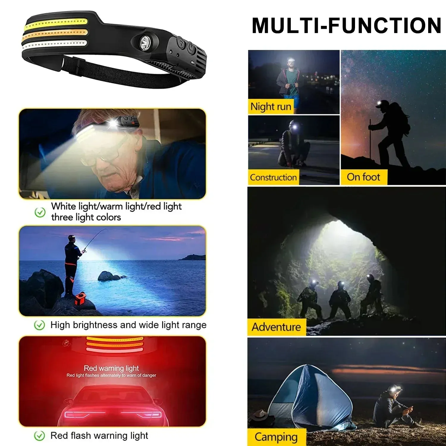 USB Rechargeable IR Sensor Headlamp, 10 Modes, Waterproof Headlight - White/Yellow/Red Light