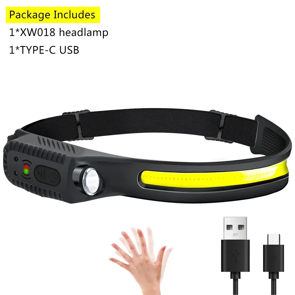 USB Rechargeable IR Sensor Headlamp, 10 Modes, Waterproof Headlight - White/Yellow/Red Light