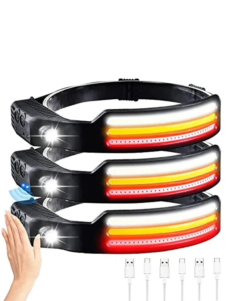 USB Rechargeable IR Sensor Headlamp, 10 Modes, Waterproof Headlight - White/Yellow/Red Light