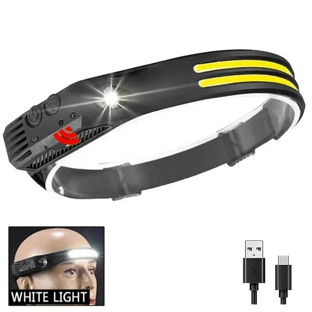 USB Rechargeable IR Sensor Headlamp, 10 Modes, Waterproof Headlight - White/Yellow/Red Light
