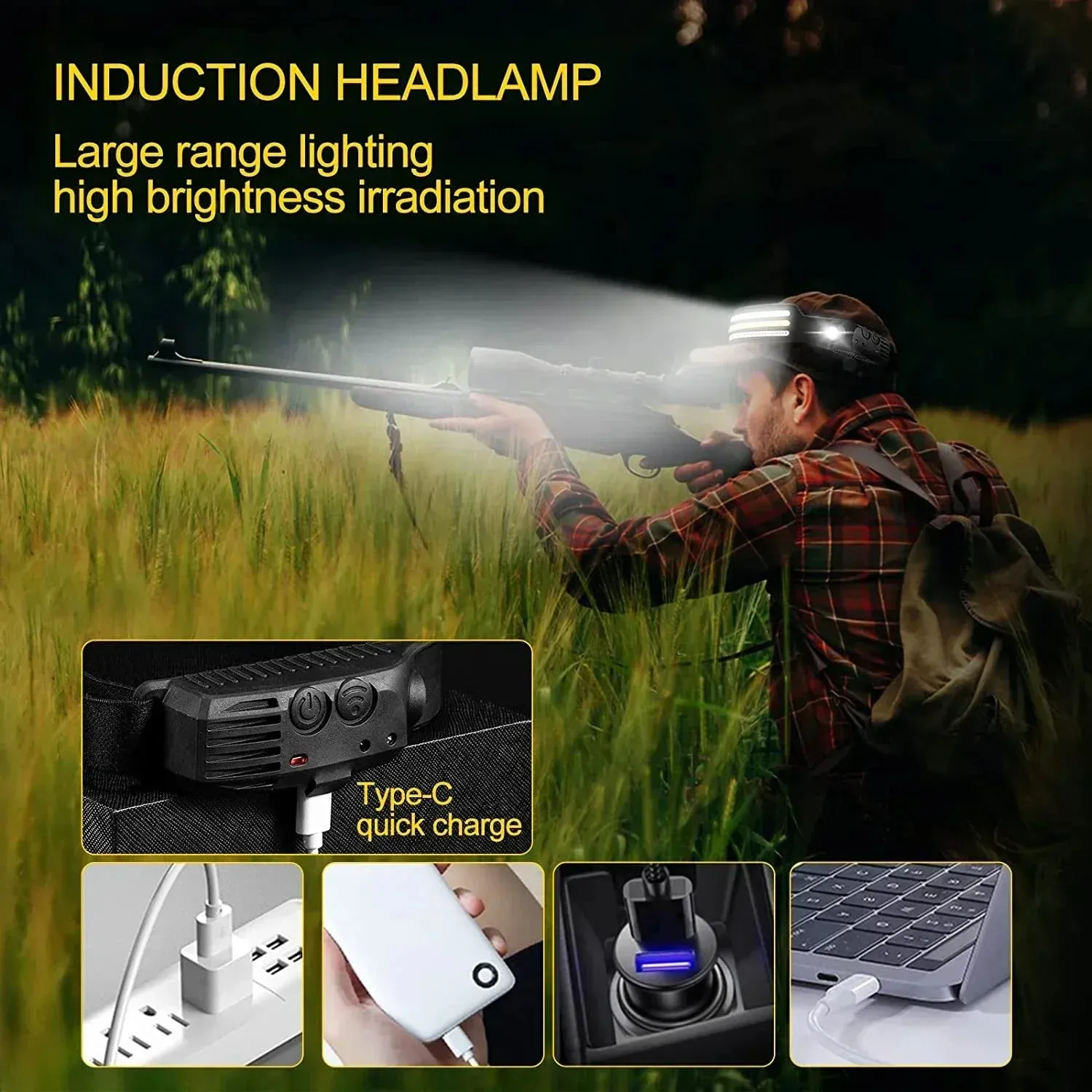 USB Rechargeable IR Sensor Headlamp, 10 Modes, Waterproof Headlight - White/Yellow/Red Light