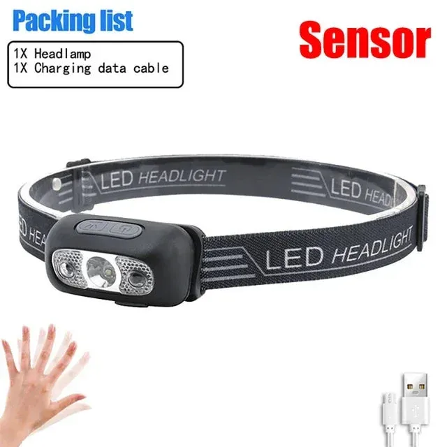 USB Rechargeable IR Sensor Headlamp, 10 Modes, Waterproof Headlight - White/Yellow/Red Light