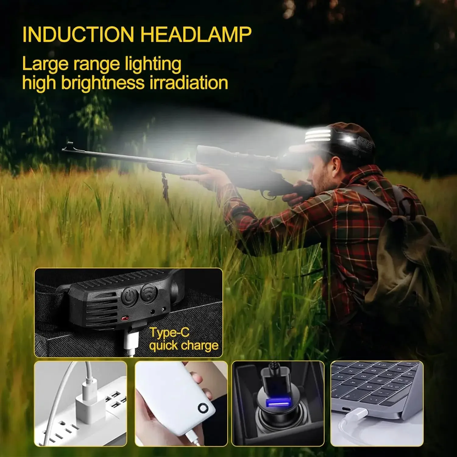 USB Rechargeable IR Sensor Headlamp, 10 Modes, Waterproof Headlight - White/Yellow/Red Light