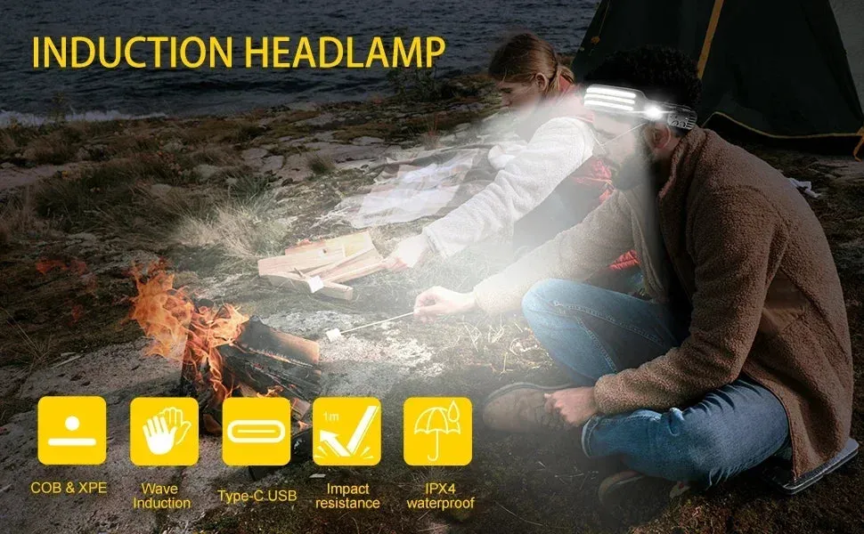 USB Rechargeable IR Sensor Headlamp, 10 Modes, Waterproof Headlight - White/Yellow/Red Light