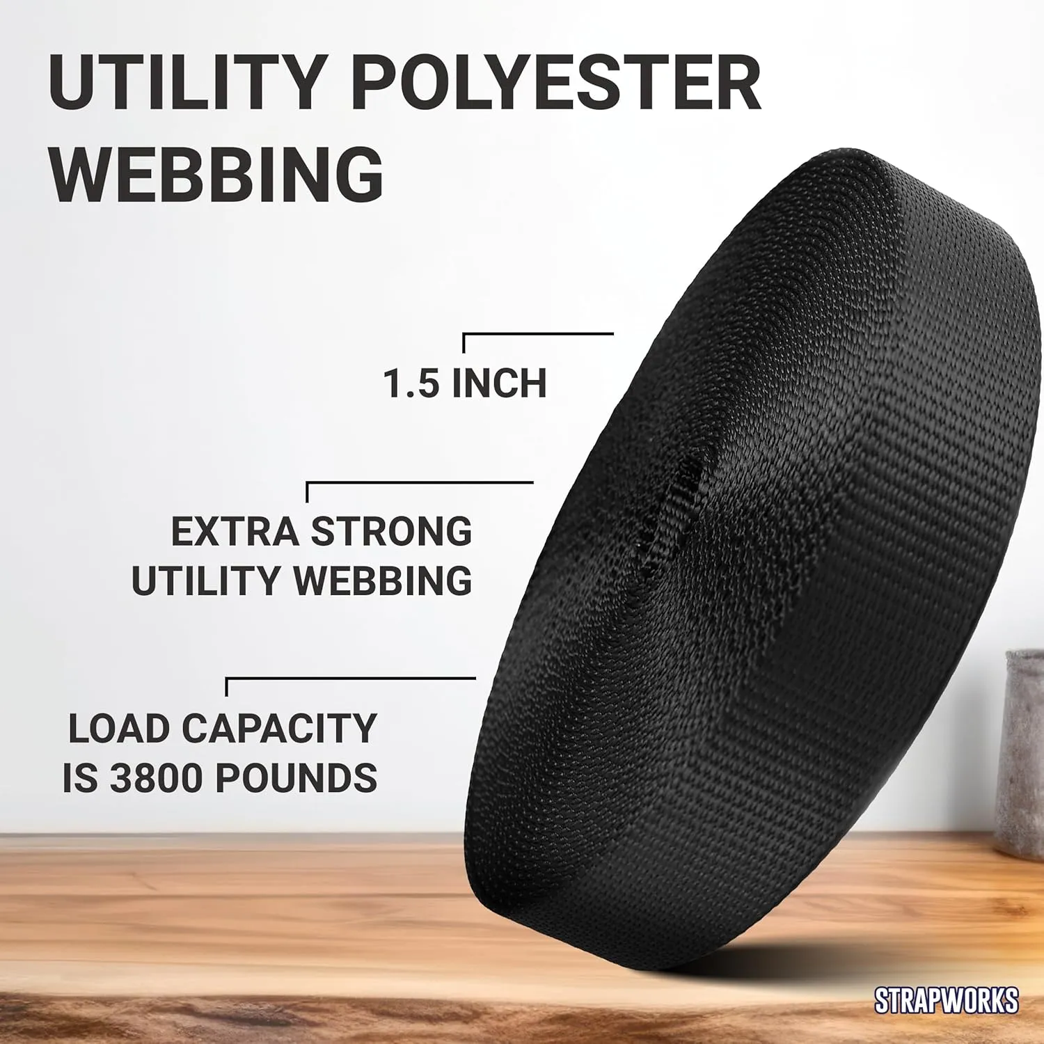 Utility Polyester Webbing – Heavy Duty Strap For Outdoor Activities, Tie Downs Hardware Compatible, Break Strength 3800 Pounds - 1 Inch or 1.5 Inch x 10 Yards, Black