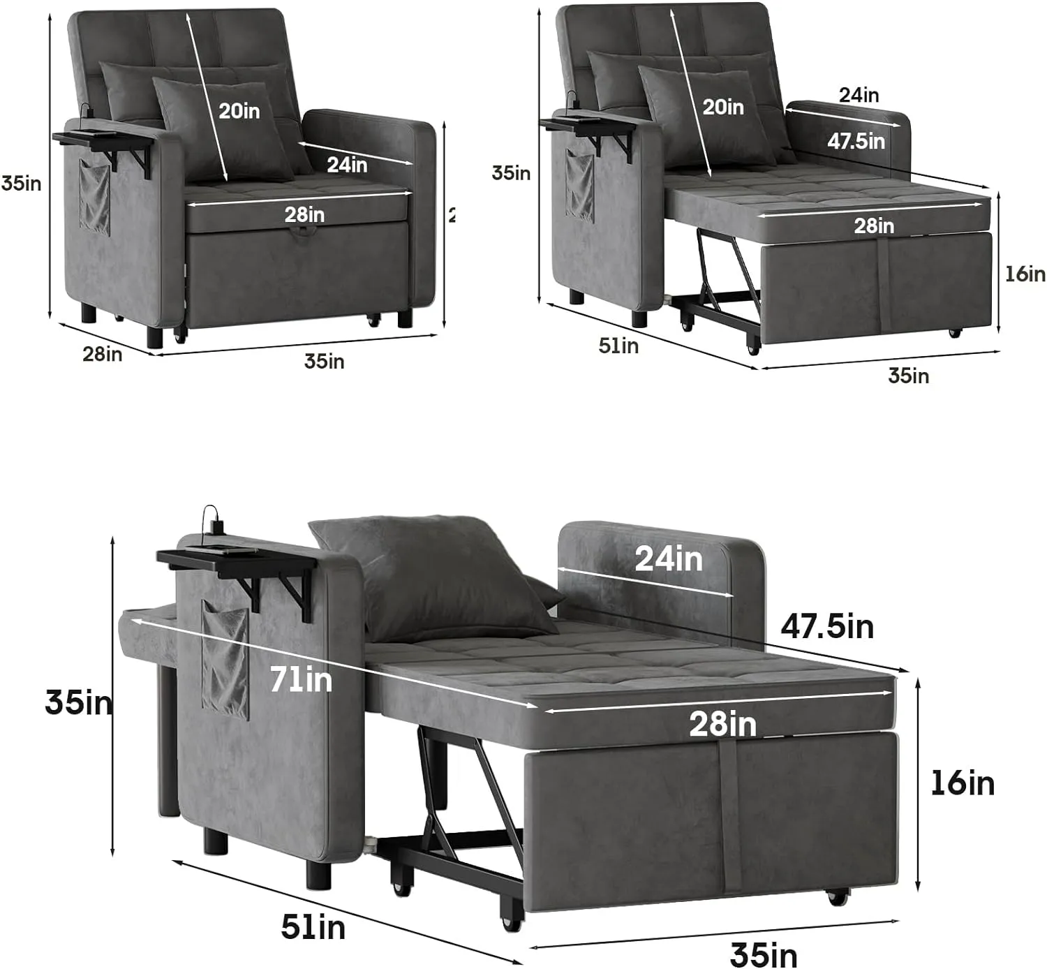 Vabches 3-in-1 Sofa Bed with Wing Table and USB Ports, Velvet Sleeper Chair with Adjustable Backrest, Easy Assembly, Dark Grey
