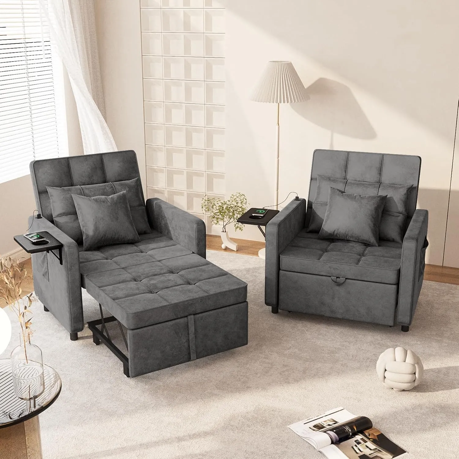 Vabches 3-in-1 Sofa Bed with Wing Table and USB Ports, Velvet Sleeper Chair with Adjustable Backrest, Easy Assembly, Dark Grey