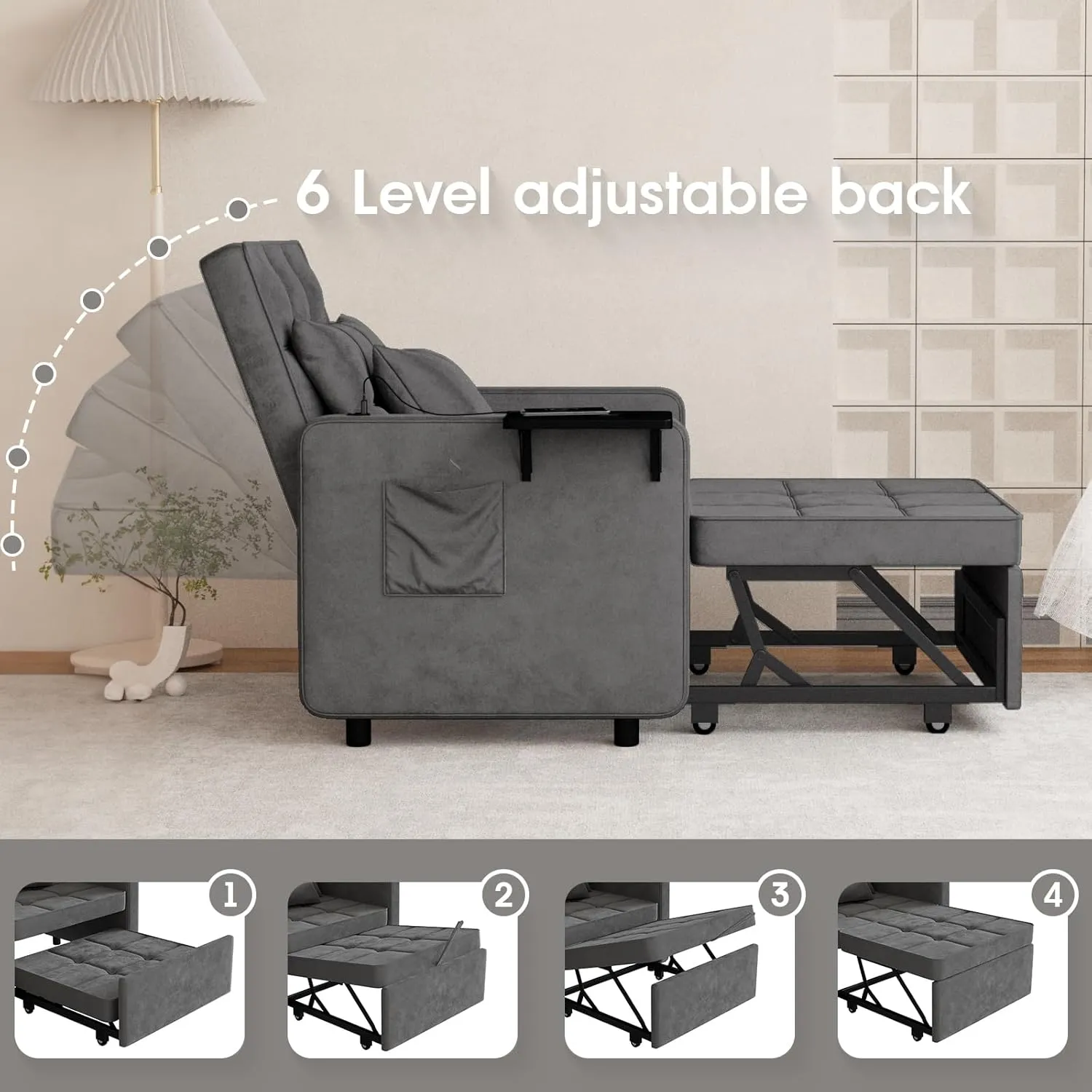 Vabches 3-in-1 Sofa Bed with Wing Table and USB Ports, Velvet Sleeper Chair with Adjustable Backrest, Easy Assembly, Dark Grey