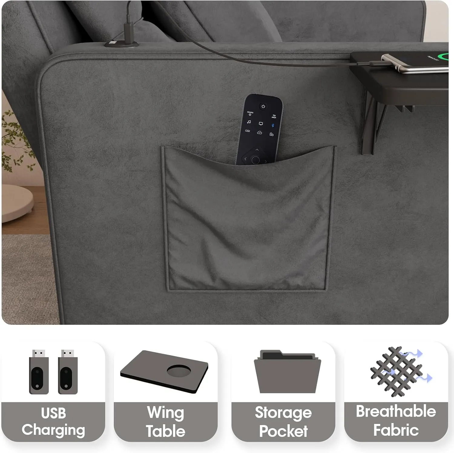 Vabches 3-in-1 Sofa Bed with Wing Table and USB Ports, Velvet Sleeper Chair with Adjustable Backrest, Easy Assembly, Dark Grey