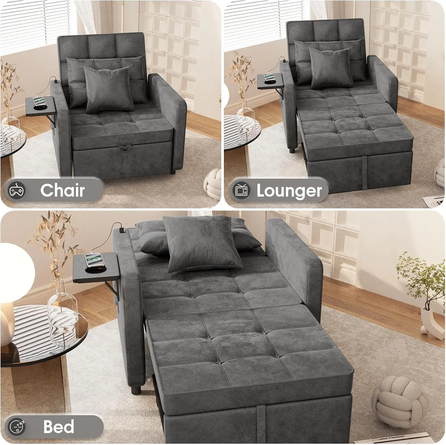 Vabches 3-in-1 Sofa Bed with Wing Table and USB Ports, Velvet Sleeper Chair with Adjustable Backrest, Easy Assembly, Dark Grey