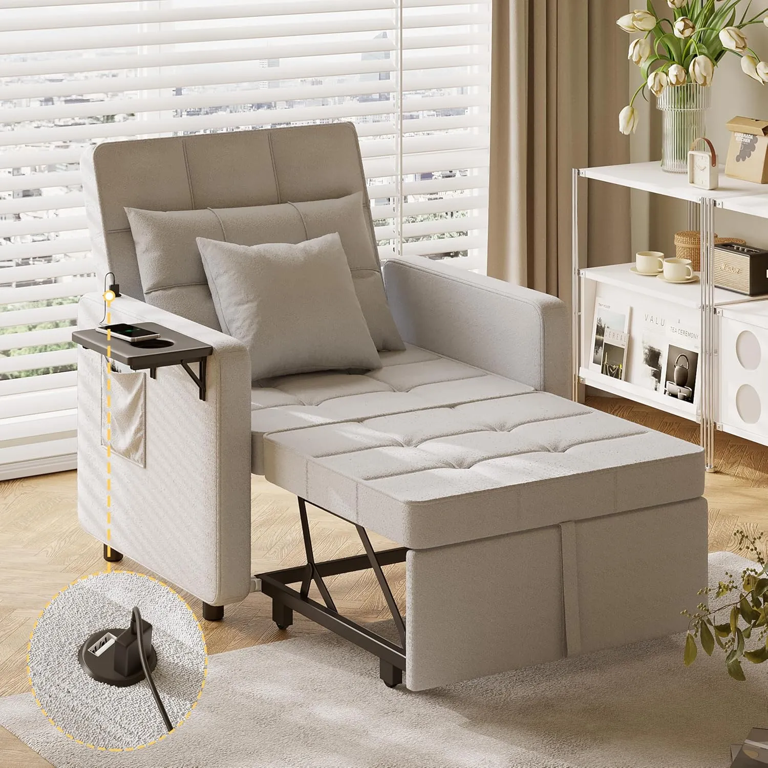 Vabches Seersucker Sofa Bed Chair with Wing Table and USB Ports Outlet, 3-in-1 Sofa Chair Bed Couches with Two Pillows, Futon Sleeper Chair with Adjustable Backrest, Easy Assembly, Light Grey