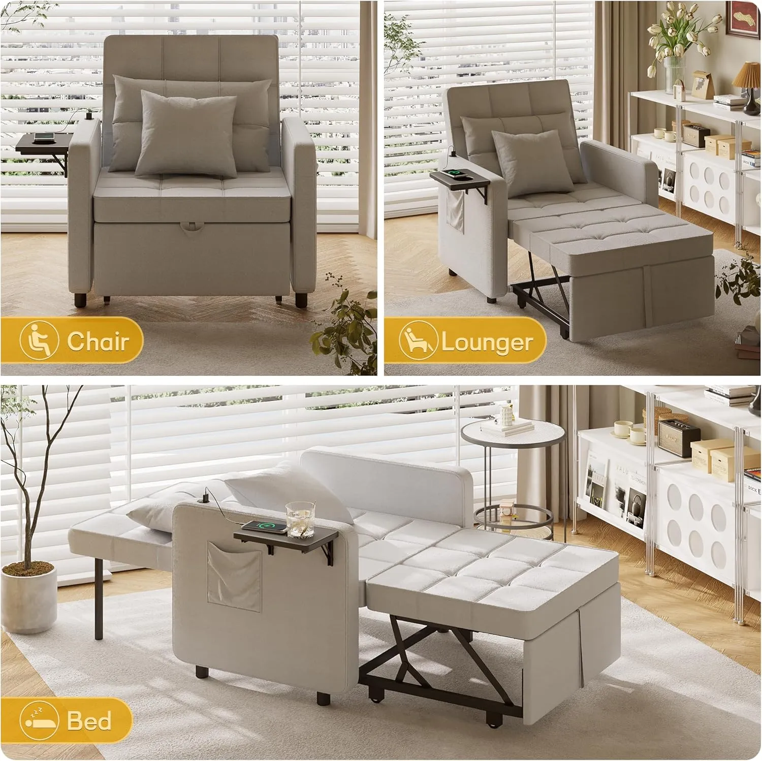 Vabches Seersucker Sofa Bed Chair with Wing Table and USB Ports Outlet, 3-in-1 Sofa Chair Bed Couches with Two Pillows, Futon Sleeper Chair with Adjustable Backrest, Easy Assembly, Light Grey
