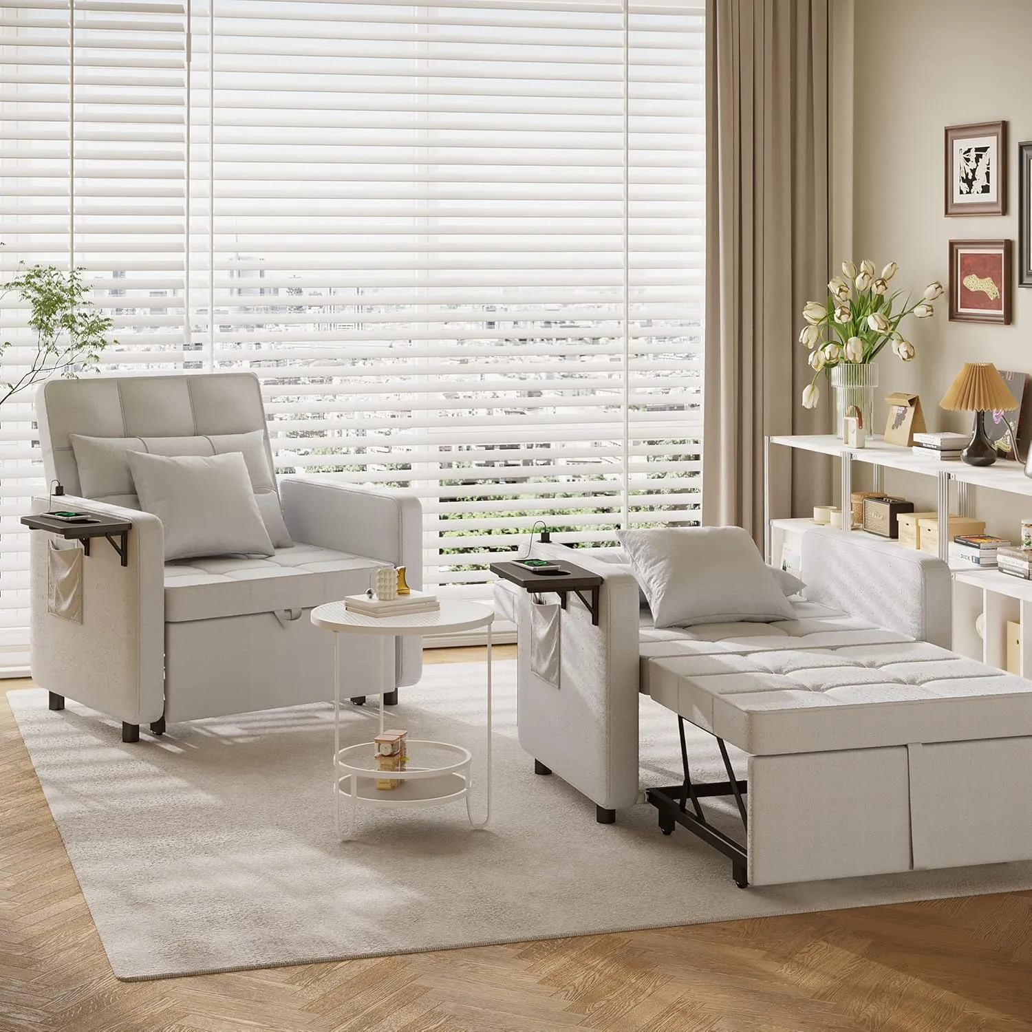 Vabches Seersucker Sofa Bed Chair with Wing Table and USB Ports Outlet, 3-in-1 Sofa Chair Bed Couches with Two Pillows, Futon Sleeper Chair with Adjustable Backrest, Easy Assembly, Light Grey