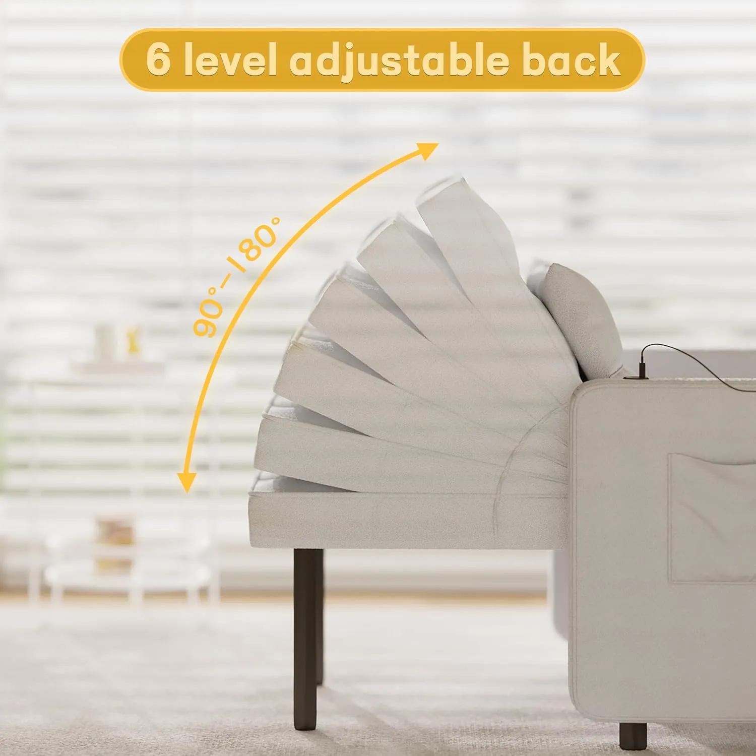 Vabches Seersucker Sofa Bed Chair with Wing Table and USB Ports Outlet, 3-in-1 Sofa Chair Bed Couches with Two Pillows, Futon Sleeper Chair with Adjustable Backrest, Easy Assembly, Light Grey