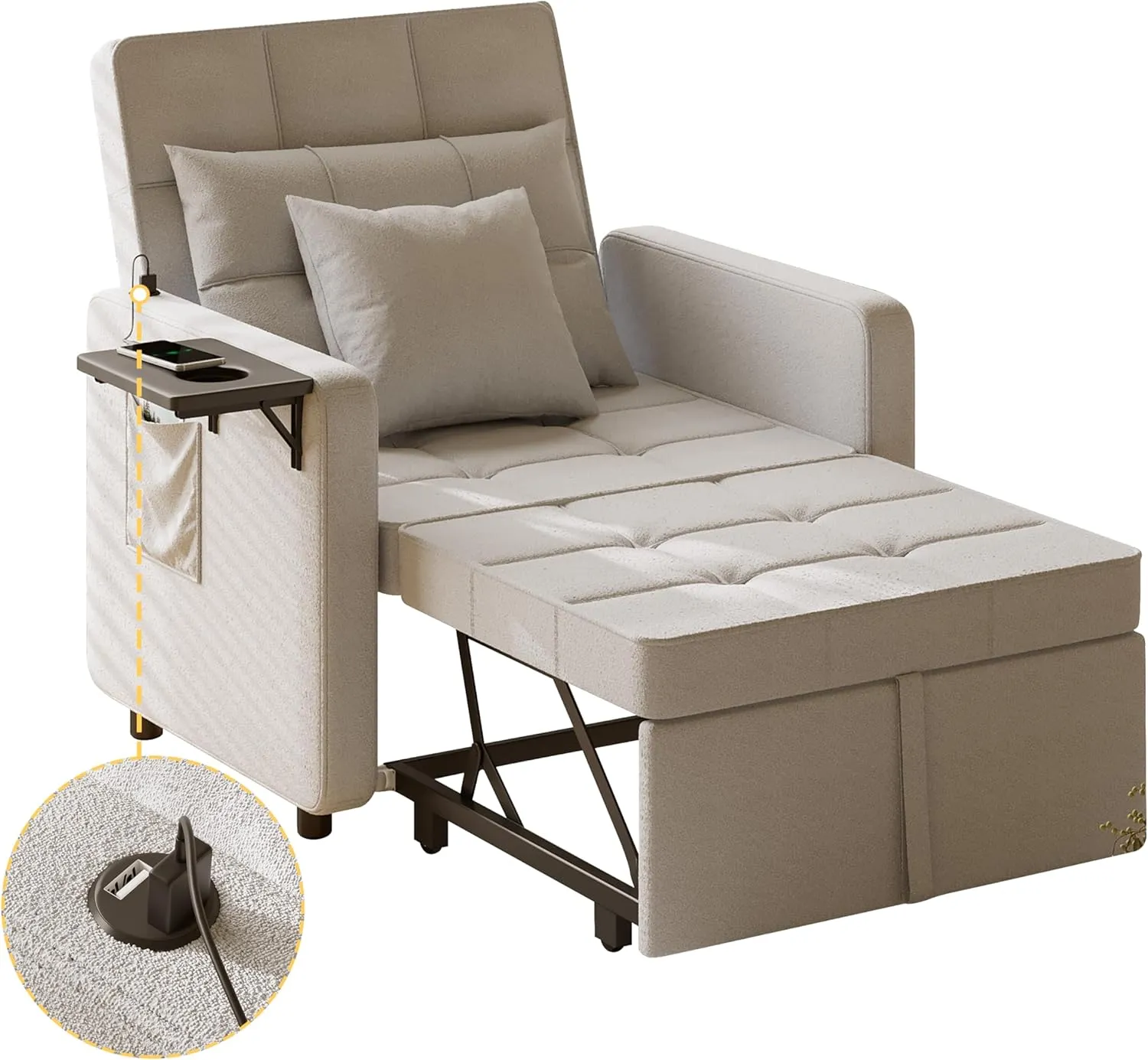 Vabches Seersucker Sofa Bed Chair with Wing Table and USB Ports Outlet, 3-in-1 Sofa Chair Bed Couches with Two Pillows, Futon Sleeper Chair with Adjustable Backrest, Easy Assembly, Light Grey