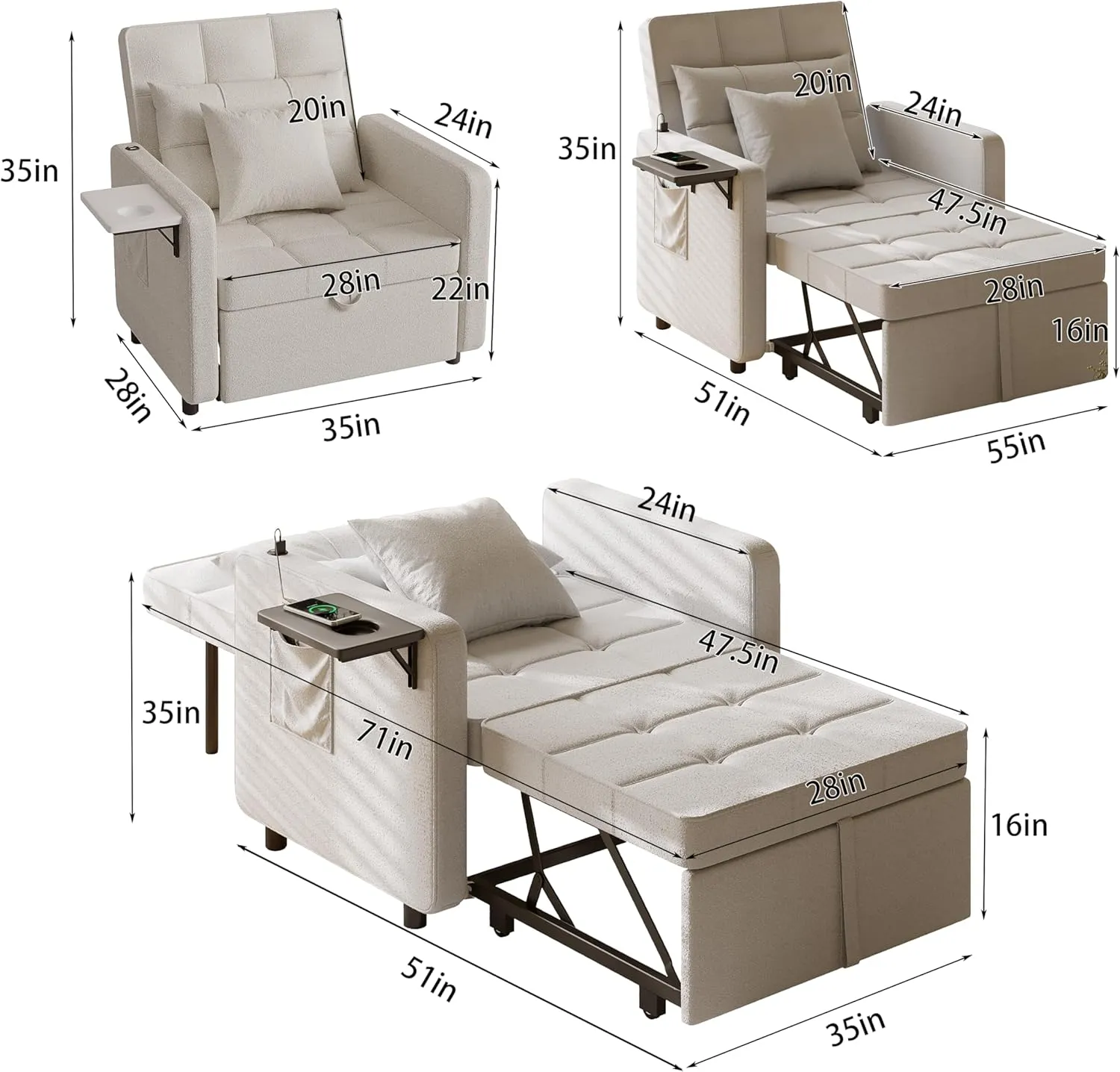 Vabches Seersucker Sofa Bed Chair with Wing Table and USB Ports Outlet, 3-in-1 Sofa Chair Bed Couches with Two Pillows, Futon Sleeper Chair with Adjustable Backrest, Easy Assembly, Light Grey