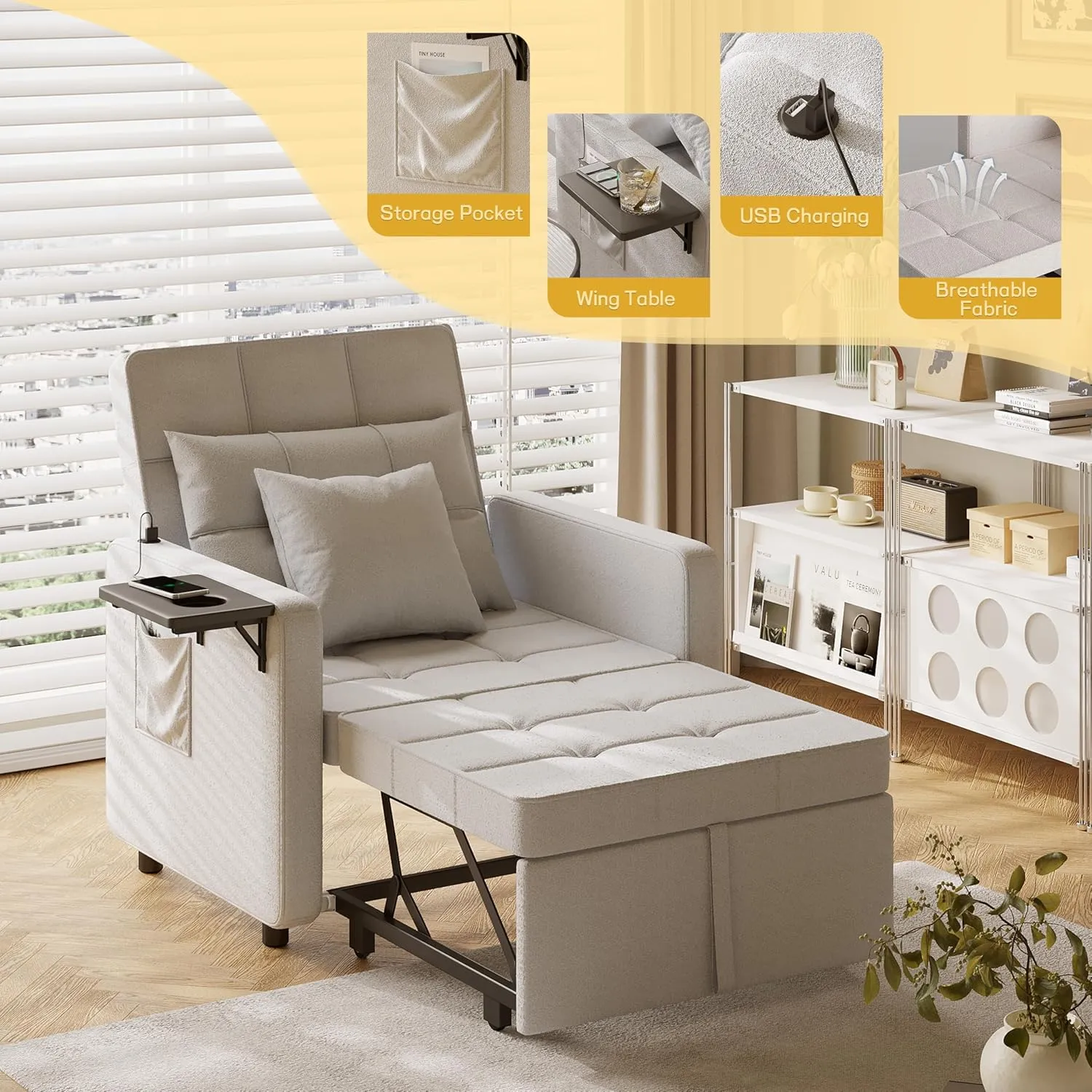Vabches Seersucker Sofa Bed Chair with Wing Table and USB Ports Outlet, 3-in-1 Sofa Chair Bed Couches with Two Pillows, Futon Sleeper Chair with Adjustable Backrest, Easy Assembly, Light Grey