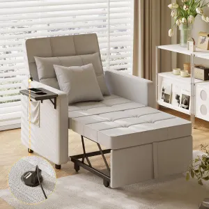 Vabches Seersucker Sofa Bed Chair with Wing Table and USB Ports Outlet, 3-in-1 Sofa Chair Bed Couches with Two Pillows, Futon Sleeper Chair with Adjustable Backrest, Easy Assembly, Light Grey