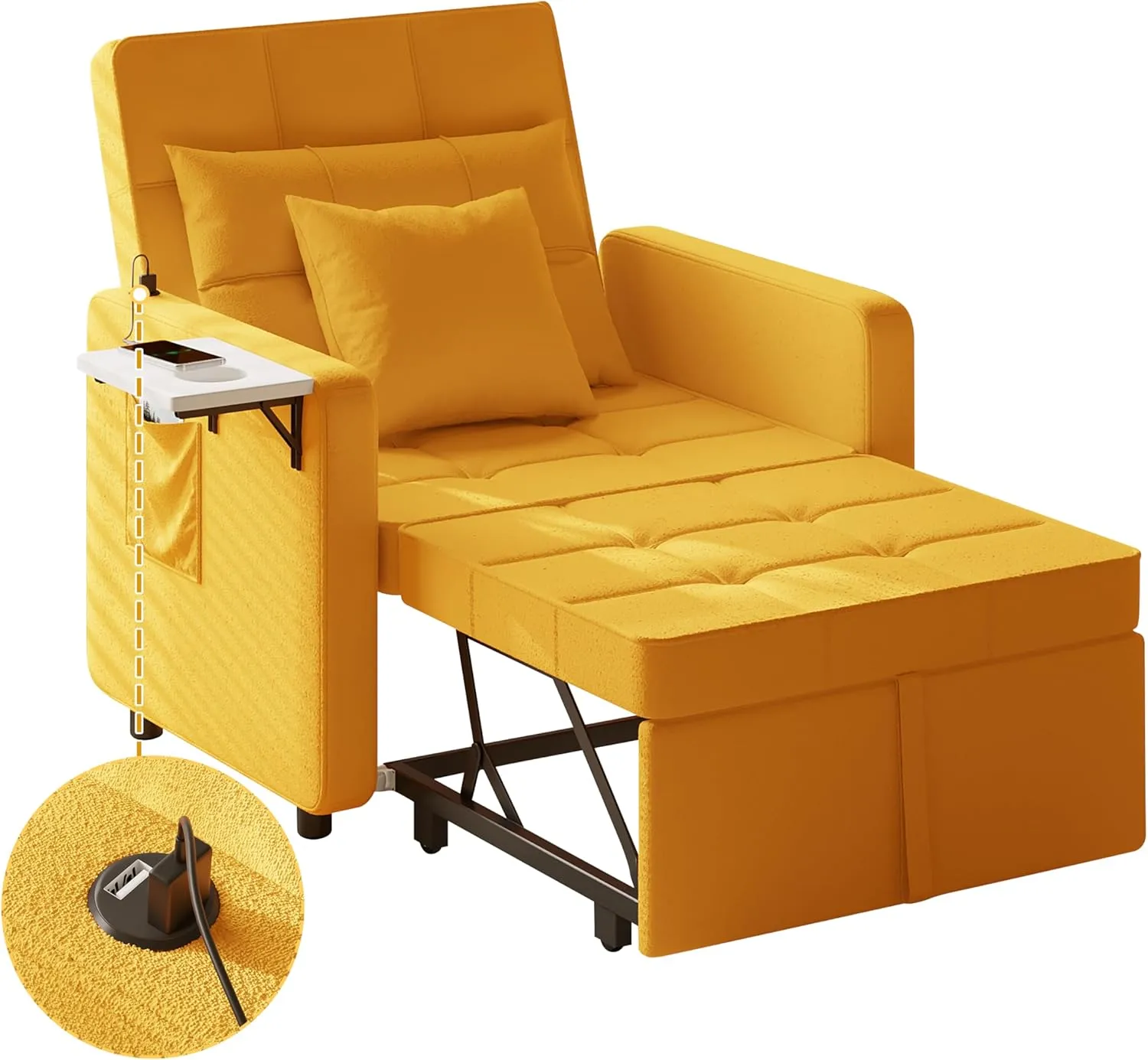 Vabches Seersucker Sofa Bed Chair with Wing Table and USB Ports Outlet, 3-in-1 Sofa Chair Bed Couches with Two Pillows, Futon Sleeper Chair with Adjustable Backrest, Easy Assembly, Yellow
