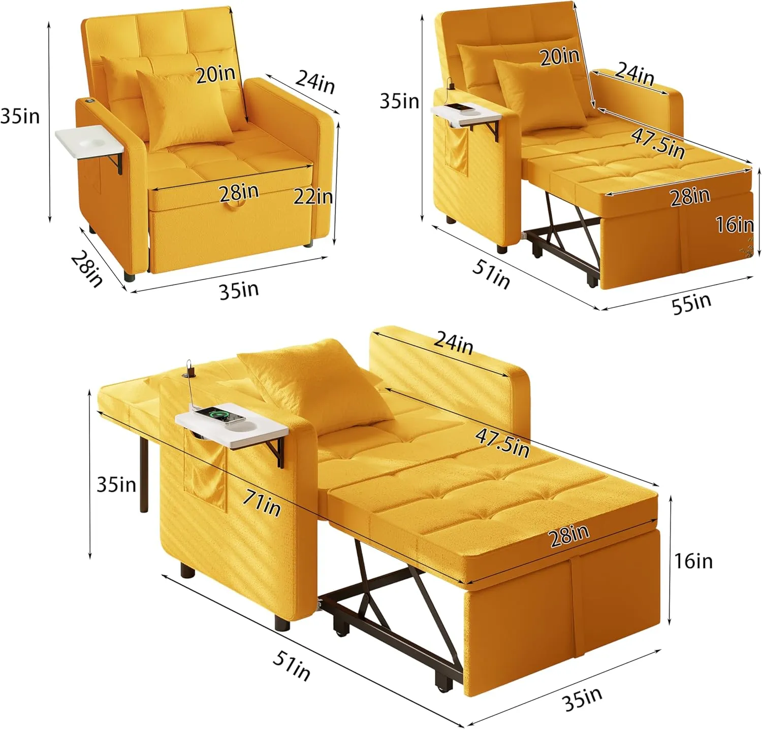 Vabches Seersucker Sofa Bed Chair with Wing Table and USB Ports Outlet, 3-in-1 Sofa Chair Bed Couches with Two Pillows, Futon Sleeper Chair with Adjustable Backrest, Easy Assembly, Yellow