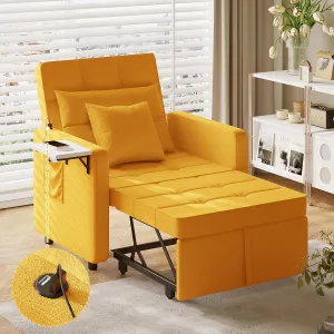 Vabches Seersucker Sofa Bed Chair with Wing Table and USB Ports Outlet, 3-in-1 Sofa Chair Bed Couches with Two Pillows, Futon Sleeper Chair with Adjustable Backrest, Easy Assembly, Yellow