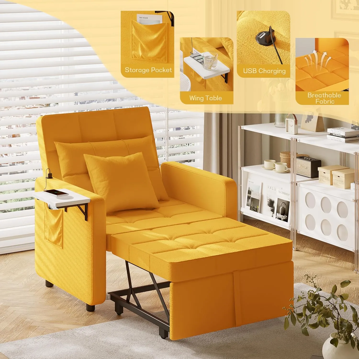 Vabches Seersucker Sofa Bed Chair with Wing Table and USB Ports Outlet, 3-in-1 Sofa Chair Bed Couches with Two Pillows, Futon Sleeper Chair with Adjustable Backrest, Easy Assembly, Yellow