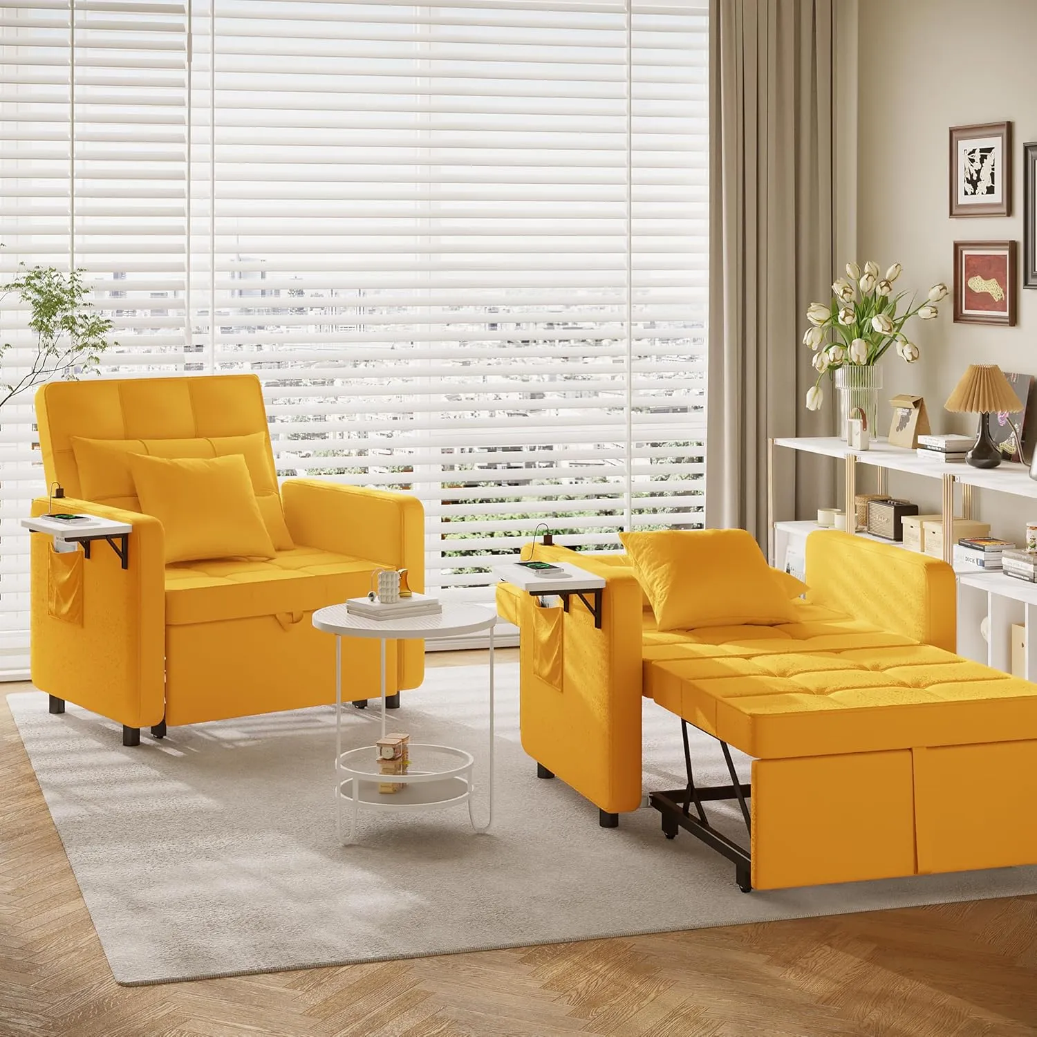 Vabches Seersucker Sofa Bed Chair with Wing Table and USB Ports Outlet, 3-in-1 Sofa Chair Bed Couches with Two Pillows, Futon Sleeper Chair with Adjustable Backrest, Easy Assembly, Yellow