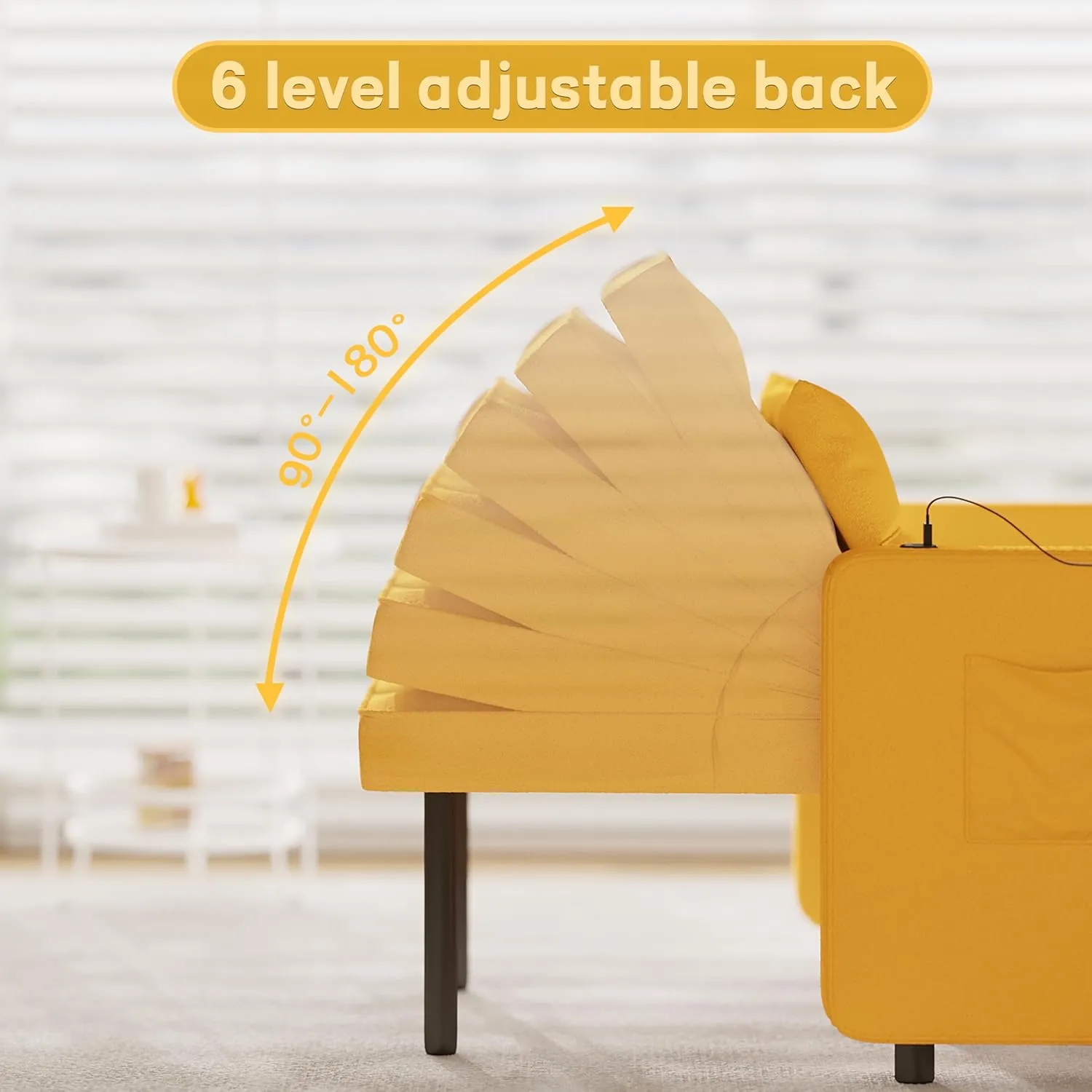 Vabches Seersucker Sofa Bed Chair with Wing Table and USB Ports Outlet, 3-in-1 Sofa Chair Bed Couches with Two Pillows, Futon Sleeper Chair with Adjustable Backrest, Easy Assembly, Yellow