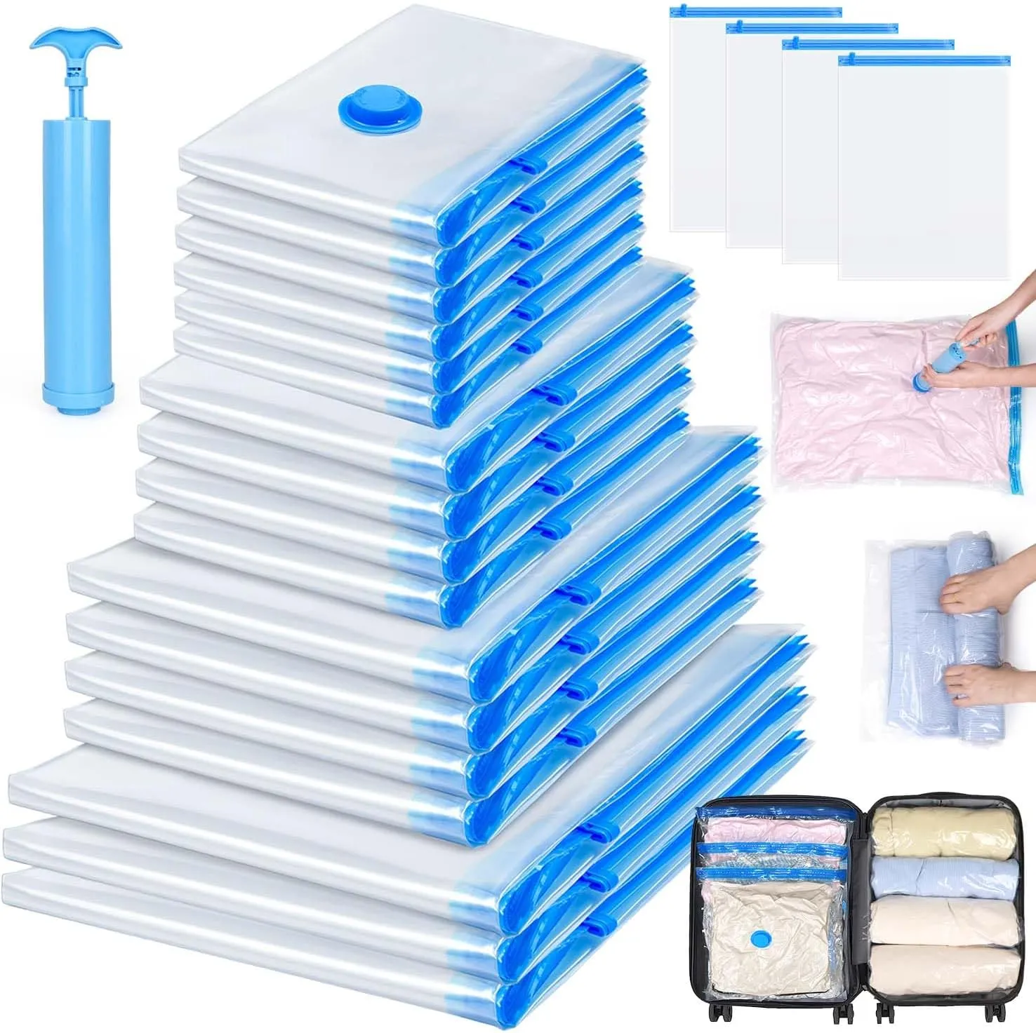 Vacuum Storage Bags for Clothing Comforters and Blankets, Space Saver, Travel Bag for Luggage (Clear, 21)