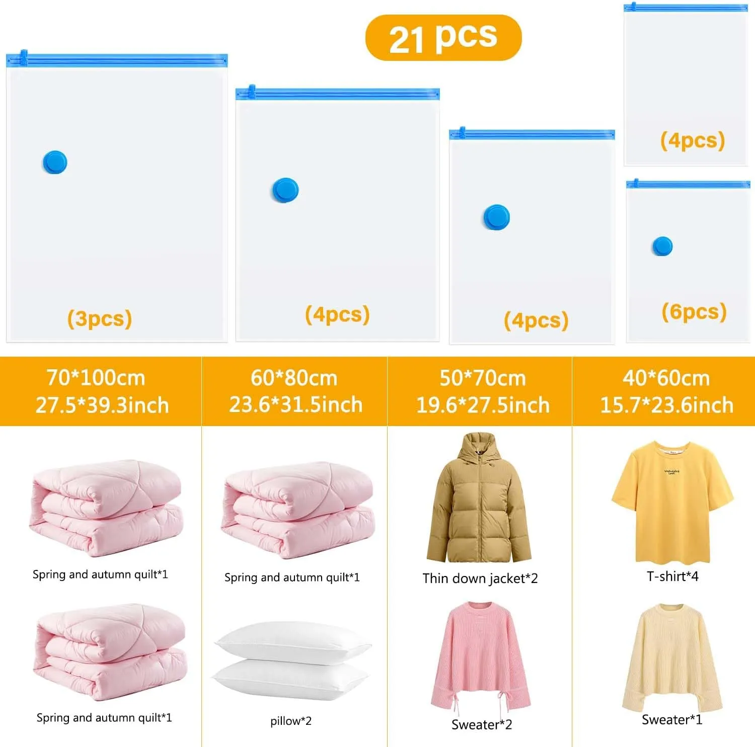 Vacuum Storage Bags for Clothing Comforters and Blankets, Space Saver, Travel Bag for Luggage (Clear, 21)