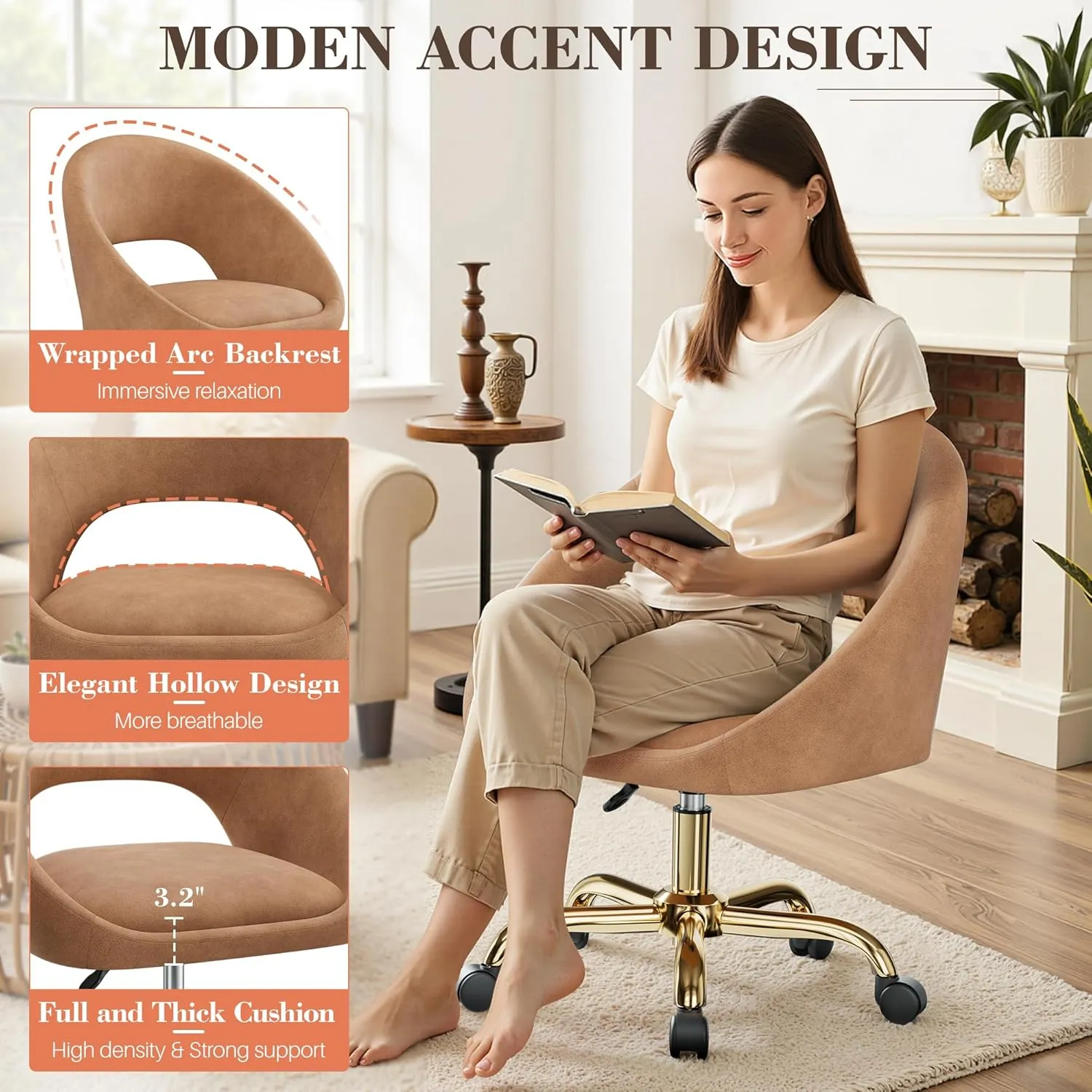 Vanity Chair with Wheels, Modern Makeup Vanity Chairs with Back Wheels Adjustable Height, Comfy Cute Home Office Desk Chairs for Bedroom, Living Room (Brown)