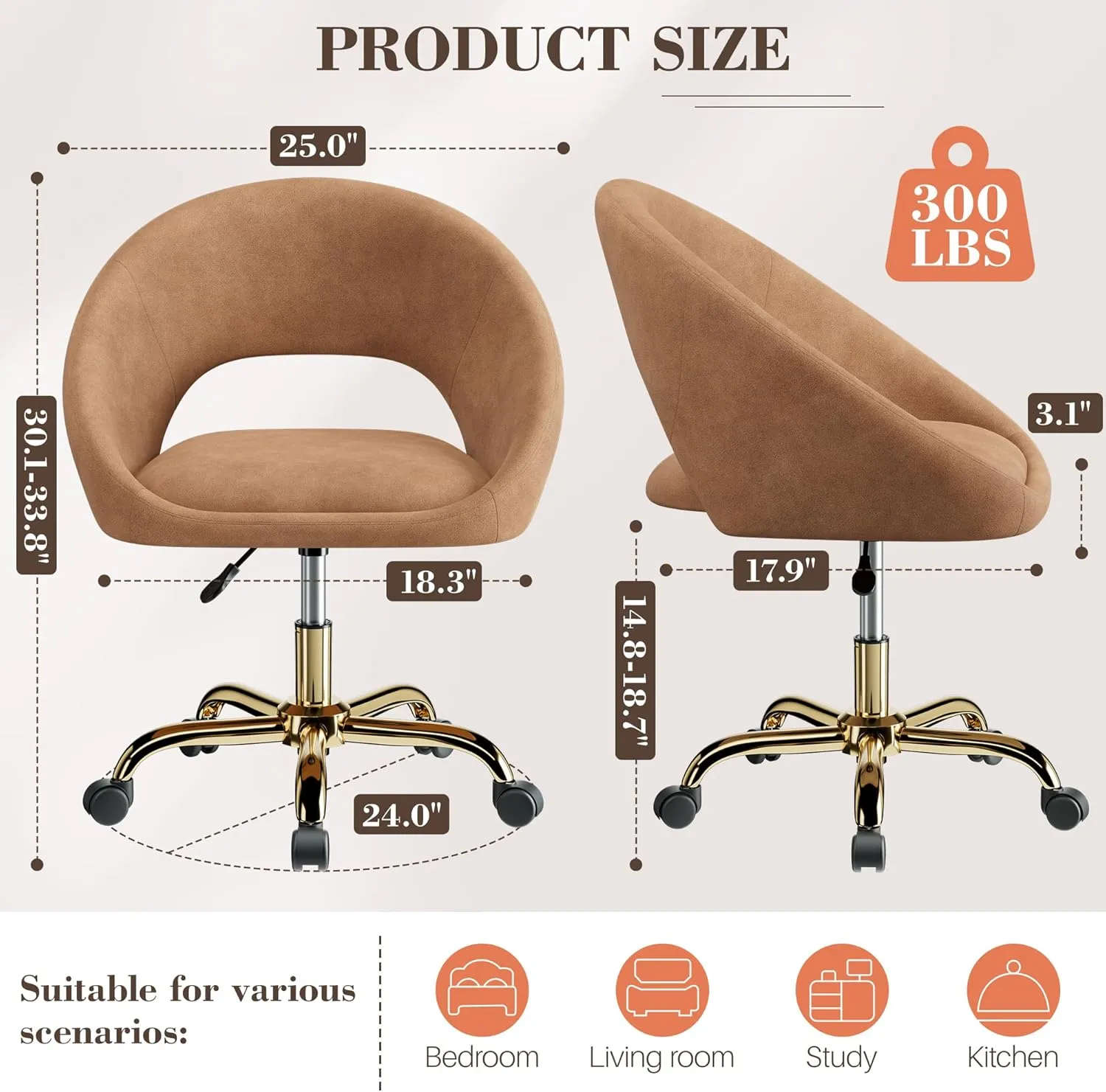 Vanity Chair with Wheels, Modern Makeup Vanity Chairs with Back Wheels Adjustable Height, Comfy Cute Home Office Desk Chairs for Bedroom, Living Room (Brown)