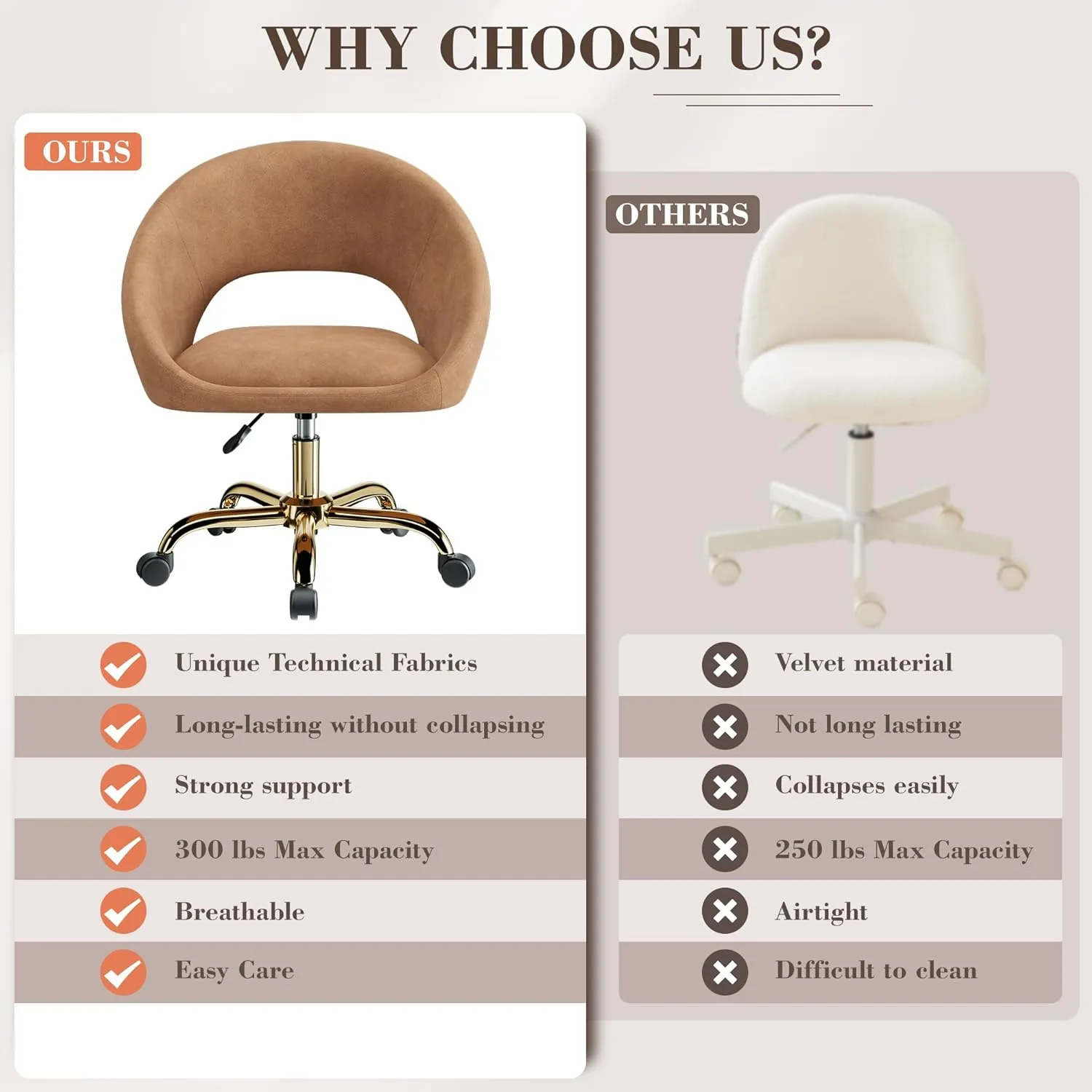 Vanity Chair with Wheels, Modern Makeup Vanity Chairs with Back Wheels Adjustable Height, Comfy Cute Home Office Desk Chairs for Bedroom, Living Room (Brown)