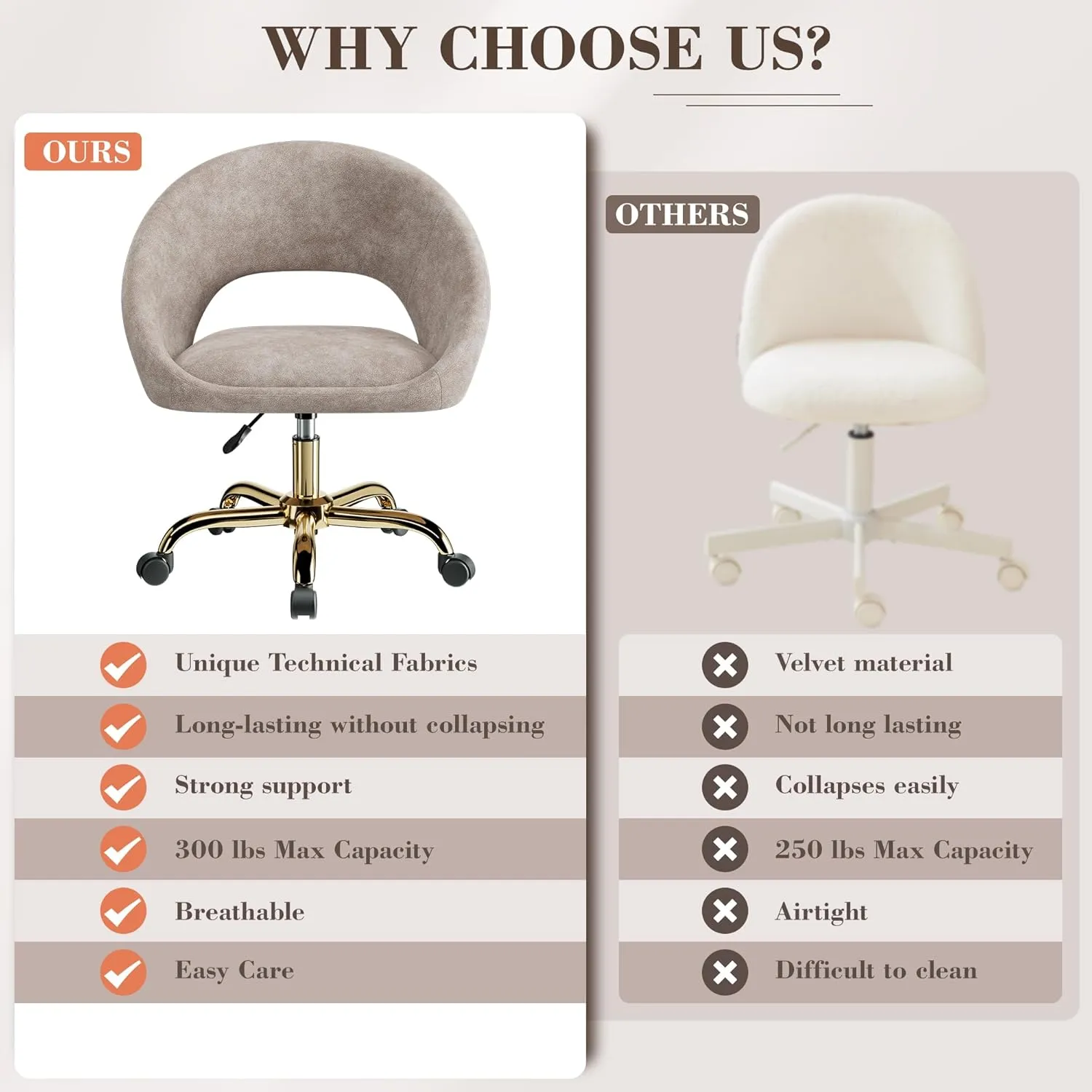 Vanity Chair with Wheels, Modern Makeup Vanity Chairs with Back Wheels Adjustable Height, Comfy Cute Home Office Desk Chairs for Bedroom, Living Room (Khaki)