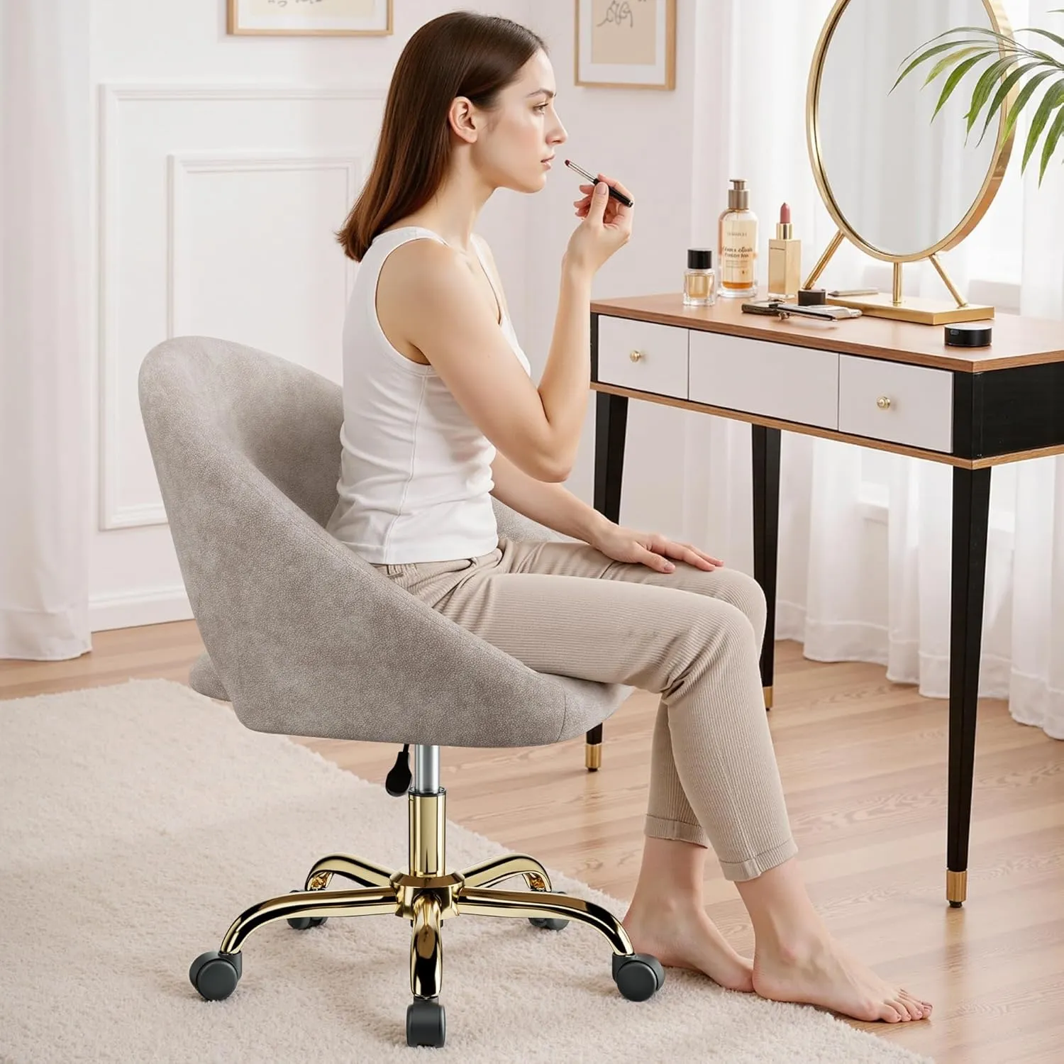 Vanity Chair with Wheels, Modern Makeup Vanity Chairs with Back Wheels Adjustable Height, Comfy Cute Home Office Desk Chairs for Bedroom, Living Room (Khaki)