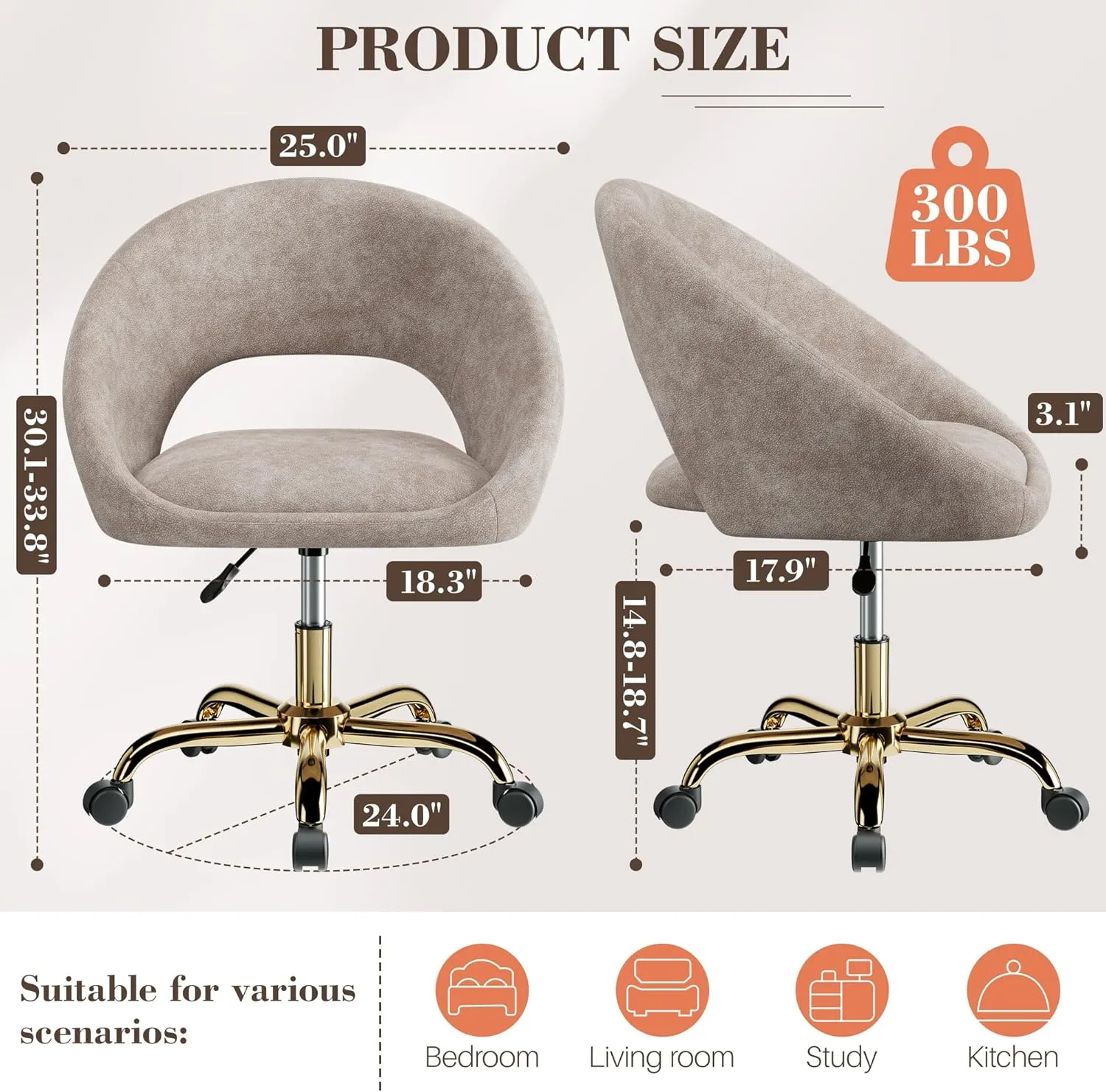 Vanity Chair with Wheels, Modern Makeup Vanity Chairs with Back Wheels Adjustable Height, Comfy Cute Home Office Desk Chairs for Bedroom, Living Room (Khaki)