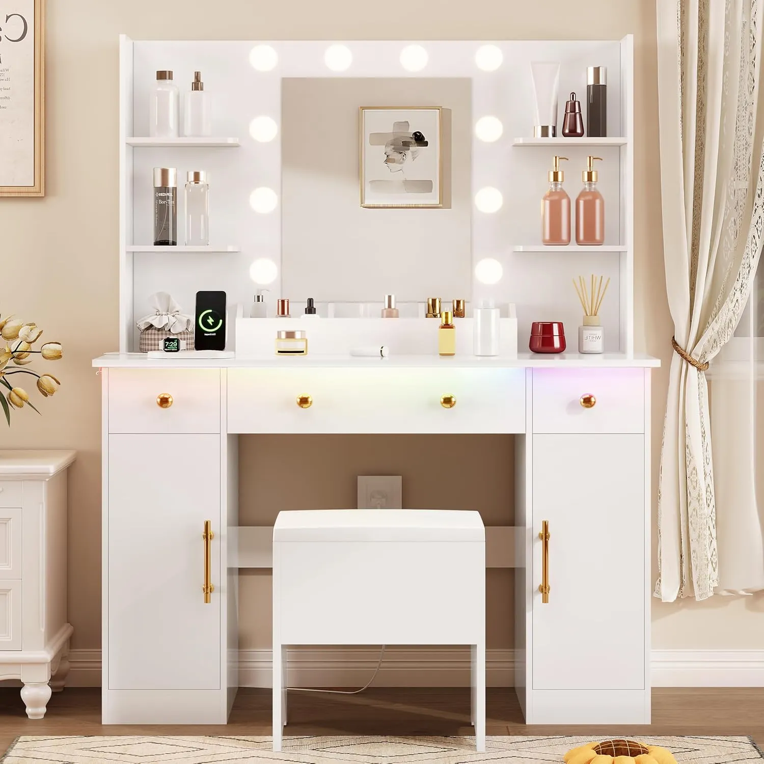 Vanity Desk with Mirror and Lights, Makeup Vanity with Charging Station & Vanity Stool, 3 Drawers and Cabinets White Vanity Mirror with RGB LED Lights Vanity Desk and Chair for Women