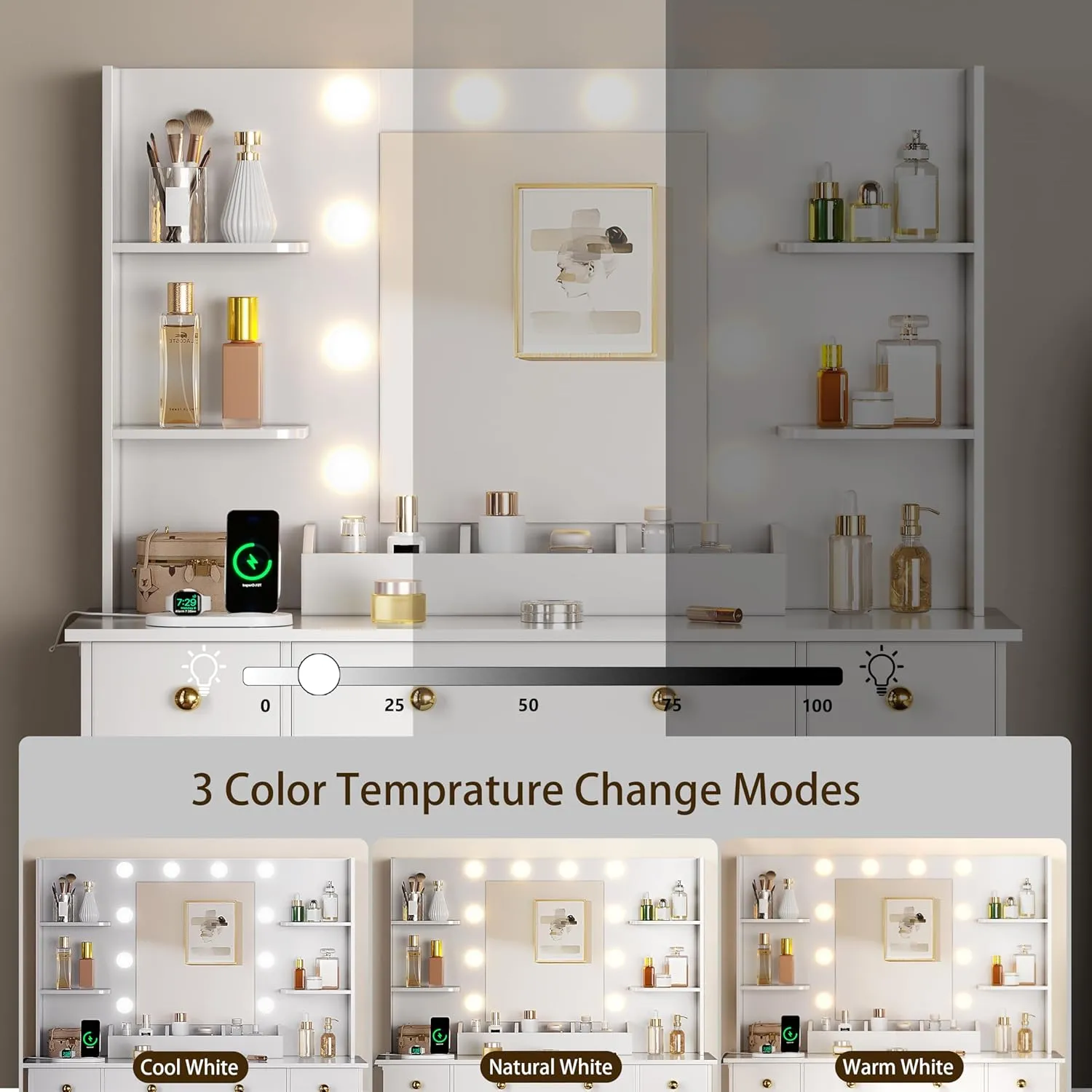 Vanity Desk with Mirror and Lights, Makeup Vanity with Charging Station & Vanity Stool, 3 Drawers and Cabinets White Vanity Mirror with RGB LED Lights Vanity Desk and Chair for Women