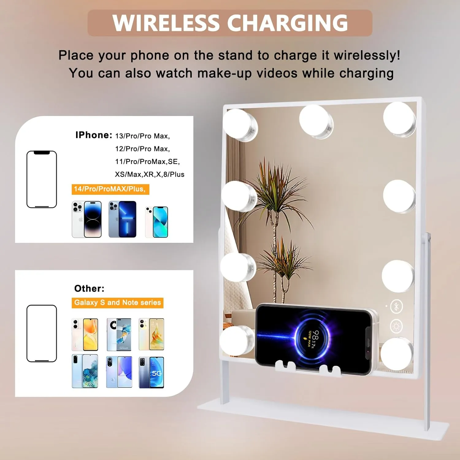 Vanity Mirror with Lights and Wireless Charging Lighted Makeup Mirror with 3 Color Lighting Modes and 10X Magnification for Dressing Table(White)