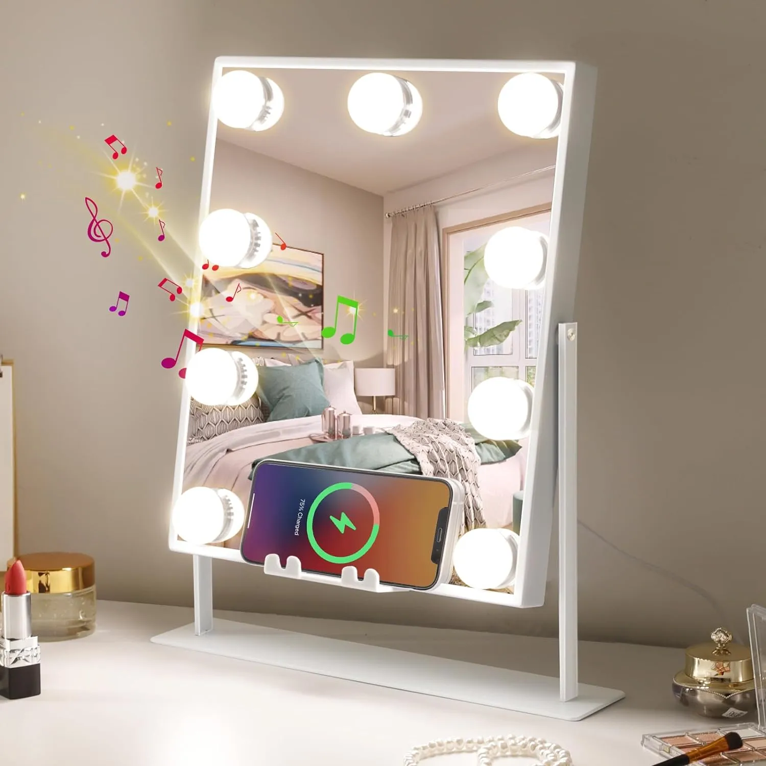 Vanity Mirror with Lights and Wireless Charging Lighted Makeup Mirror with 3 Color Lighting Modes and 10X Magnification for Dressing Table(White)