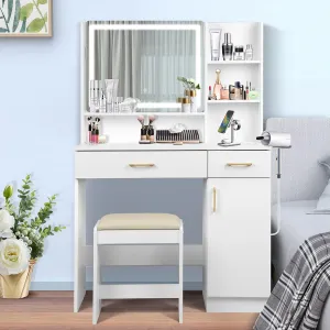 Vanity Set - White Vanity Desk with Mirror, Lights, Drawers, Charging Station, Chair & Storage