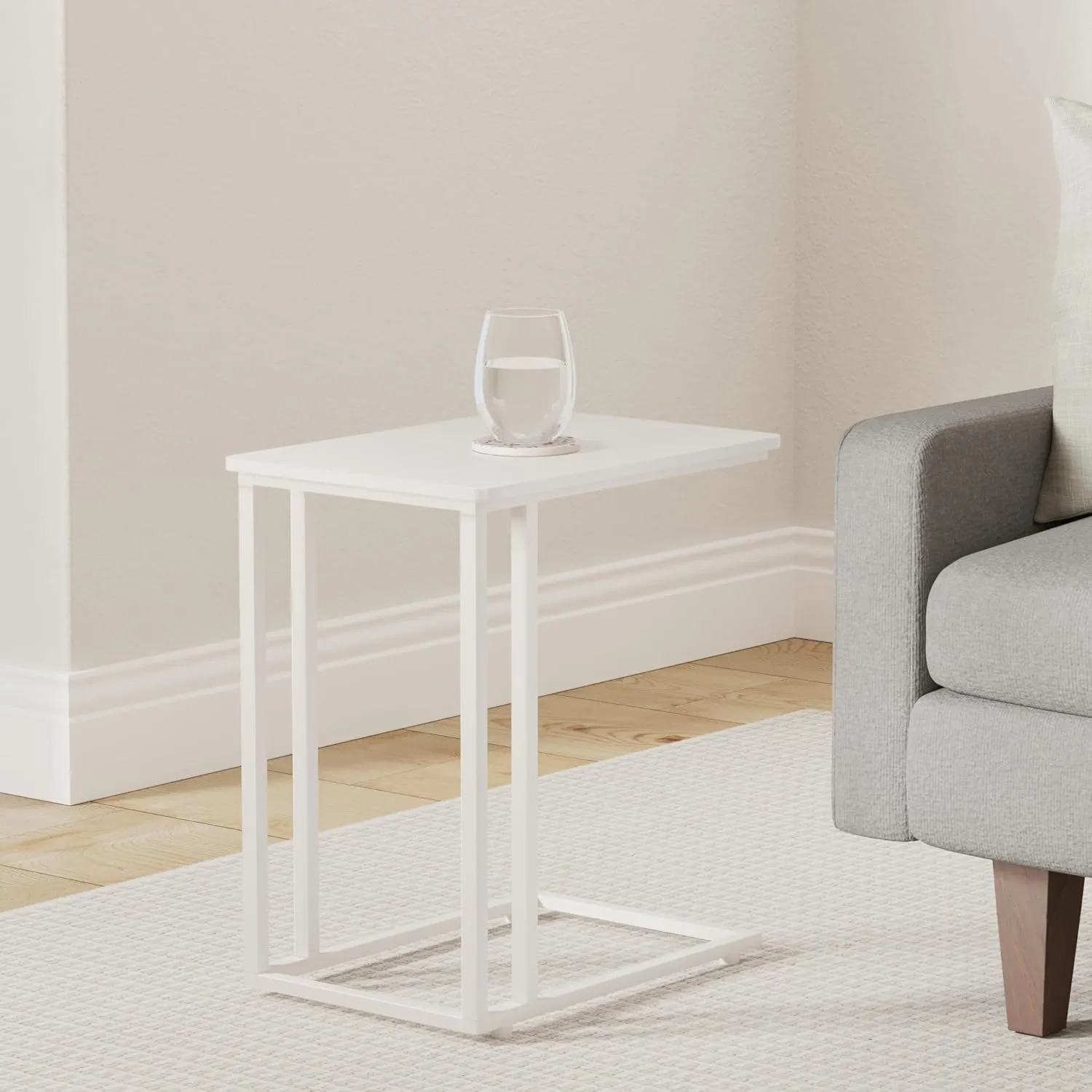 VASAGLE End Table, C Shaped TV Tray with Metal Frame Rolling Casters for Coffee Laptop Mobile Tablet, Industrial Side Table for Living Room Bedroom, 19.7 x 13.8 x 23.6 Inches, Cream White ULNT050W77