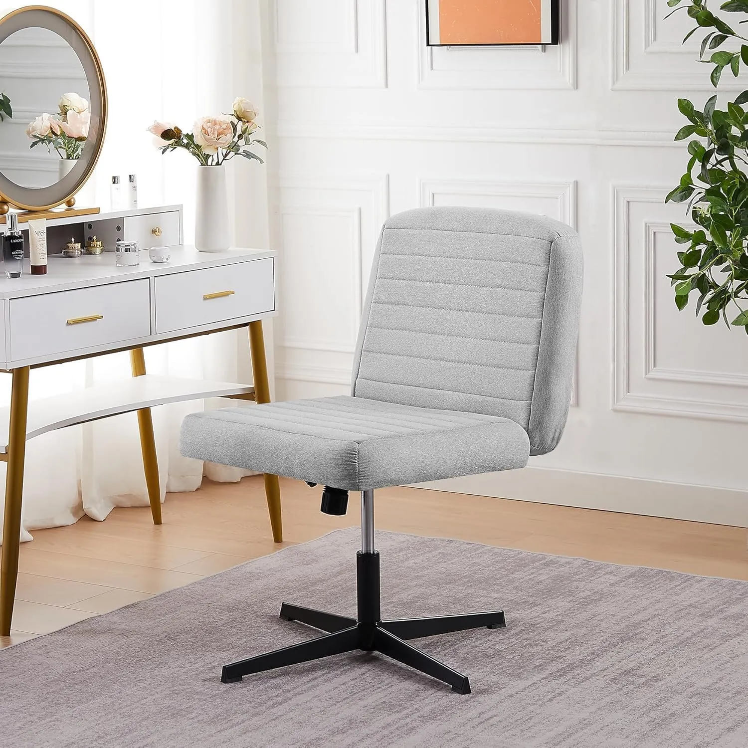 VECELO Armless Criss Cross Chair Legged No Wheels, Swivel Height Adjustable Fabric Wide Seat for Make Up/Bedroom/Small Space