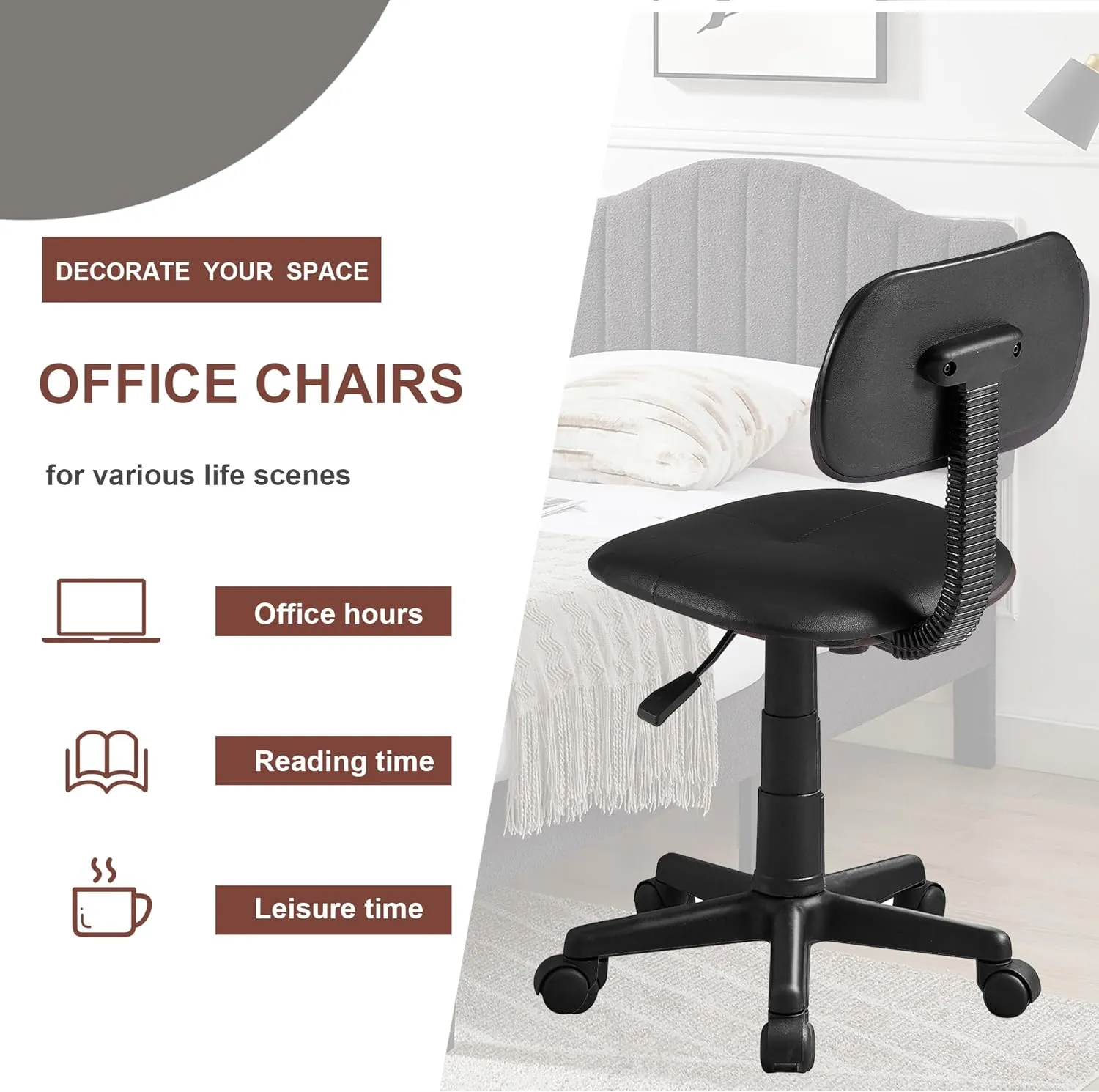 VECELO Armless Home Office Chair Low-Back Height Adjustable Stools
