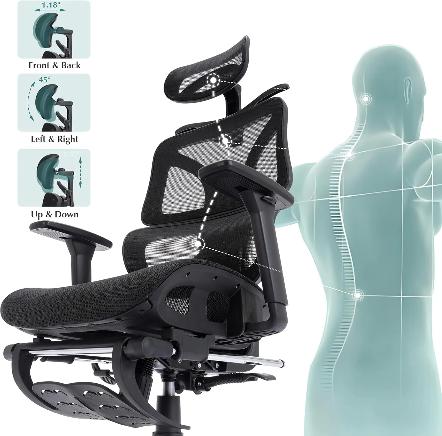 VECELO Swivel Ergonomic High Back Mesh Office Chair with Retractable Footrest