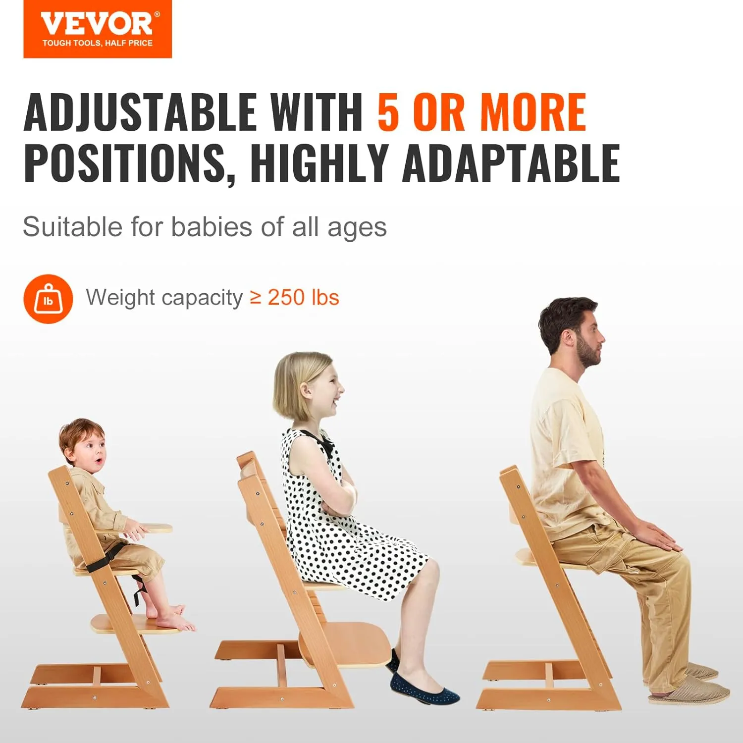 VEVOR Wooden Convertible Adjustable Feeding, Eat High Tray, Grow with Kid Portable Baby Dining Booster Seat, Beech Wood Toddler Chair, Natural